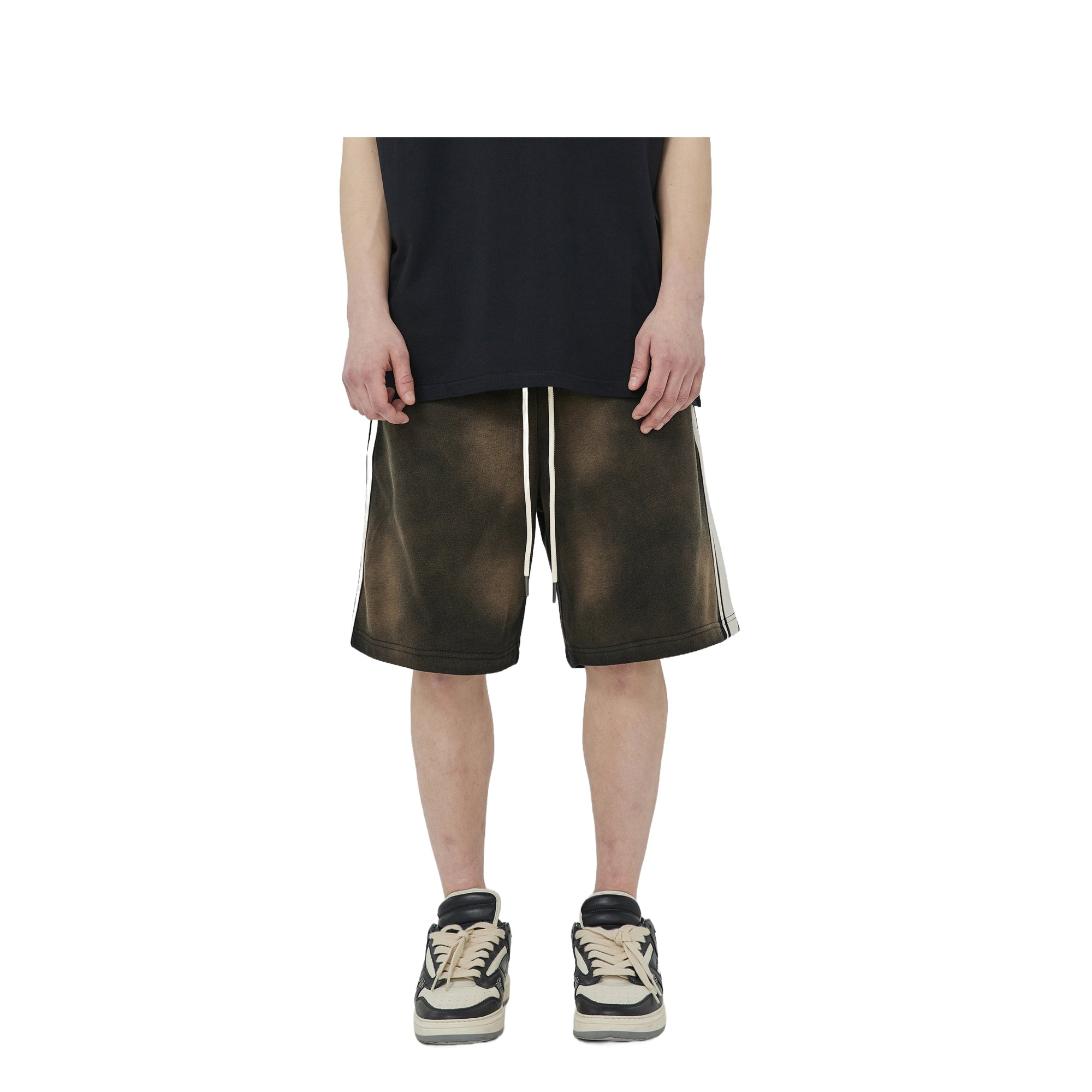 Washed Black Three-ribbon Distressed Shorts