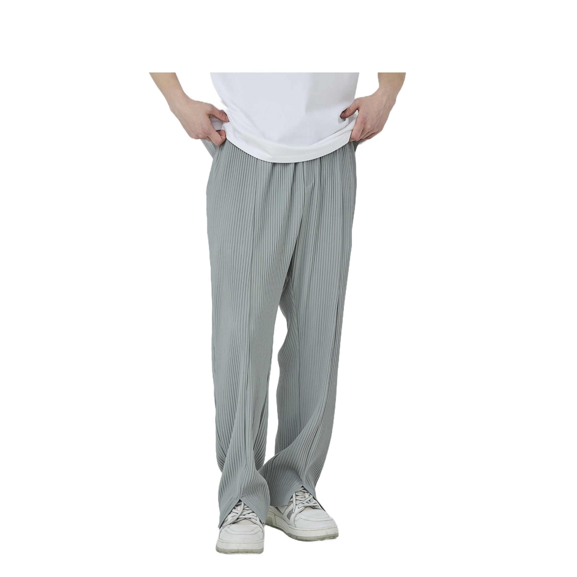 Silver Grey Drape Pleated Textured Slit Trousers