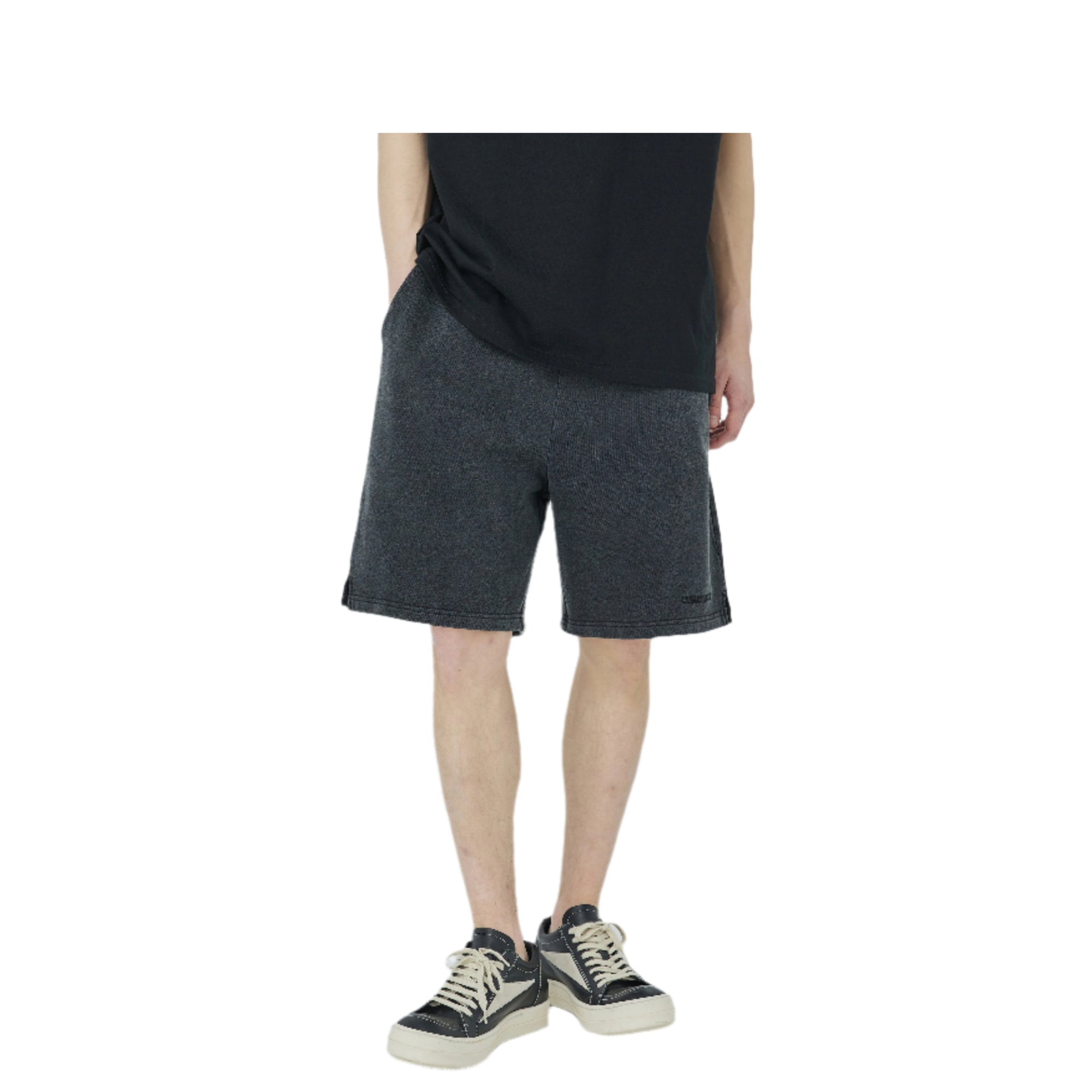 Black Tone-On Embroidered Washed Slit Shorts