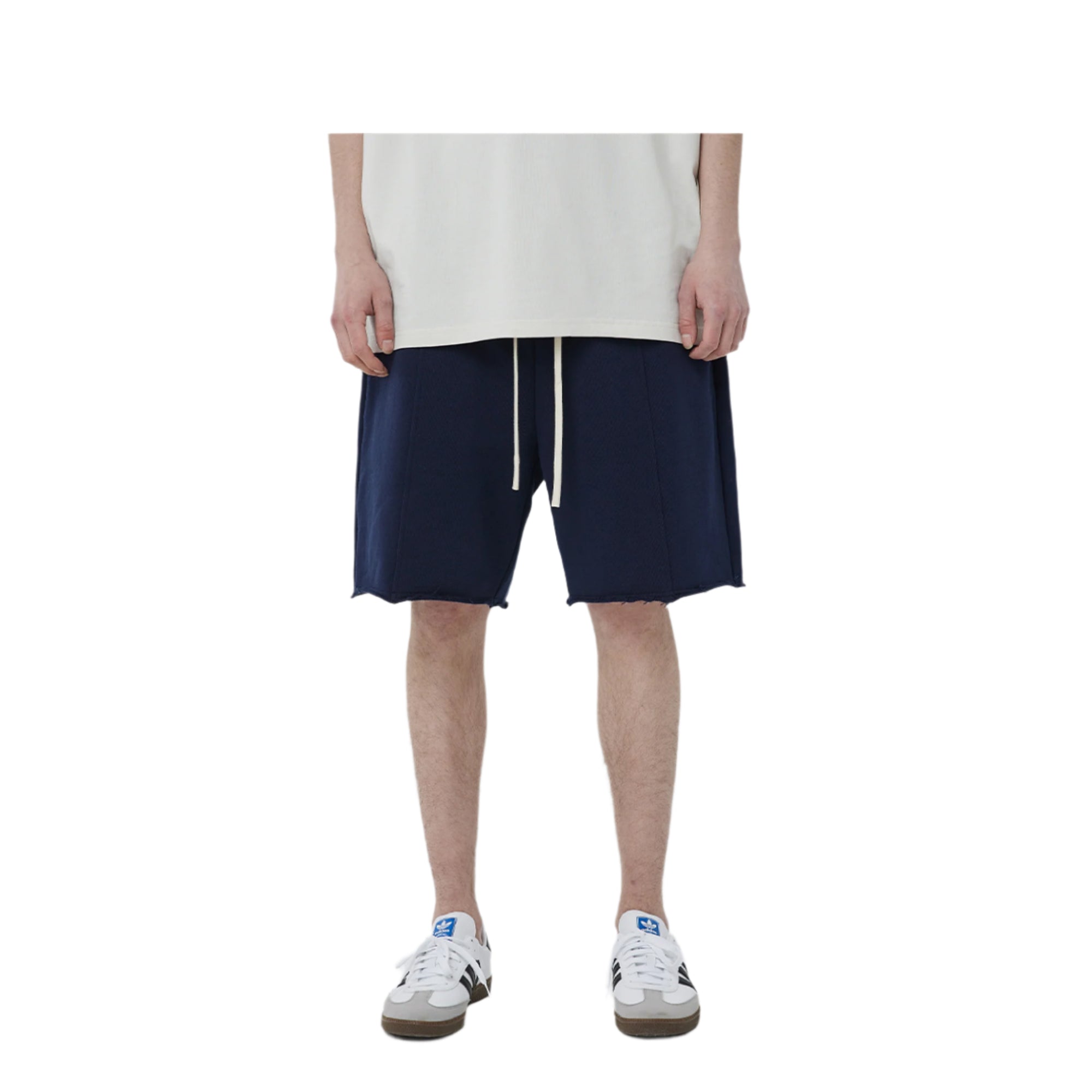 Navy Blue Center Seam Patchwork Frayed Shorts