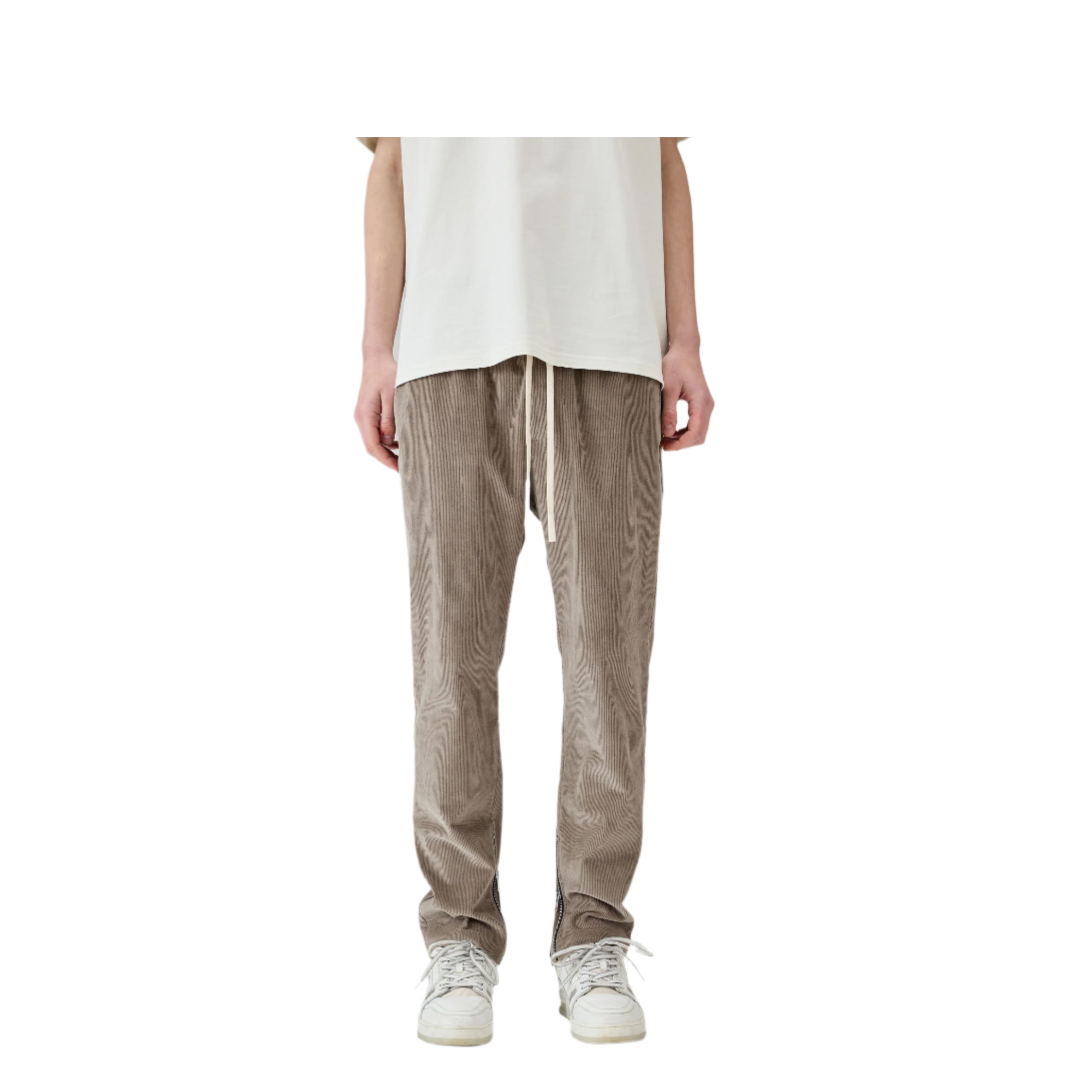 Khaki Grey Corduroy Trousers with Inner Slits