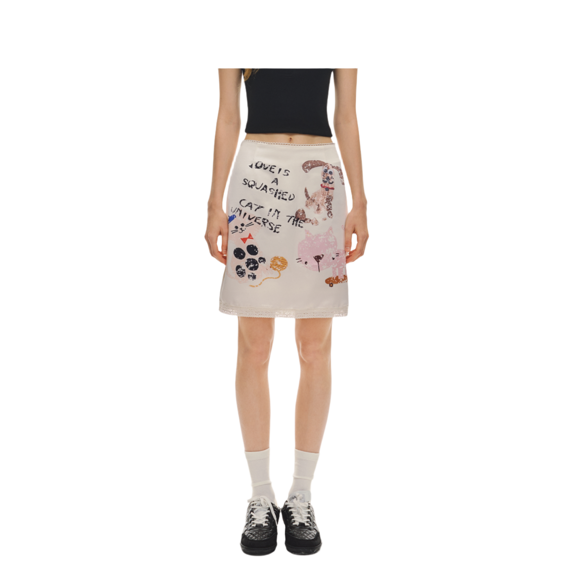 Pearl White Graffiti Satin Skirt