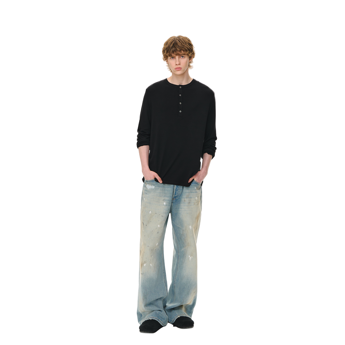 Fitted Cut Henley Button-Down Collar Wool Long Sleeves In Black