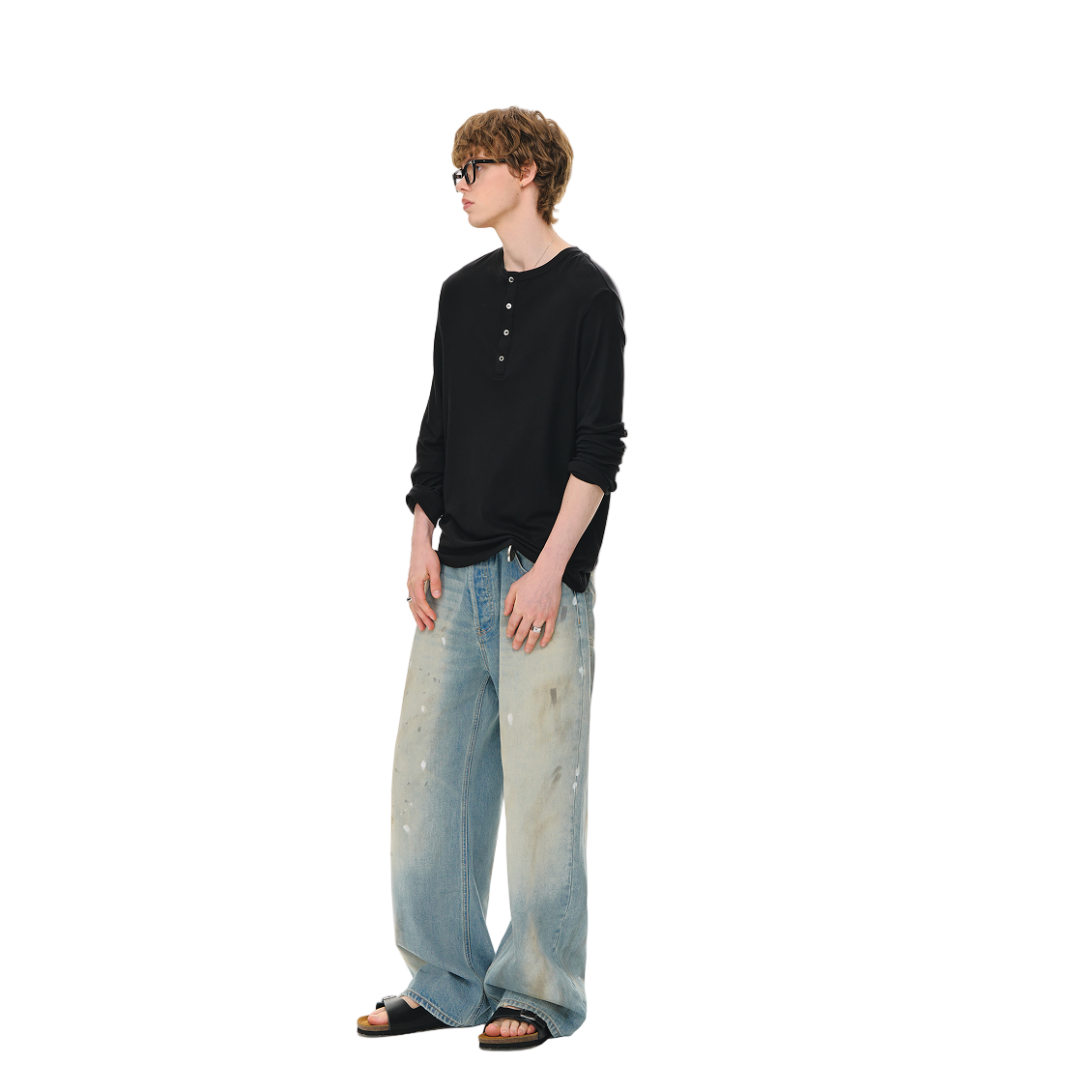 Fitted Cut Henley Button-Down Collar Wool Long Sleeves In Black