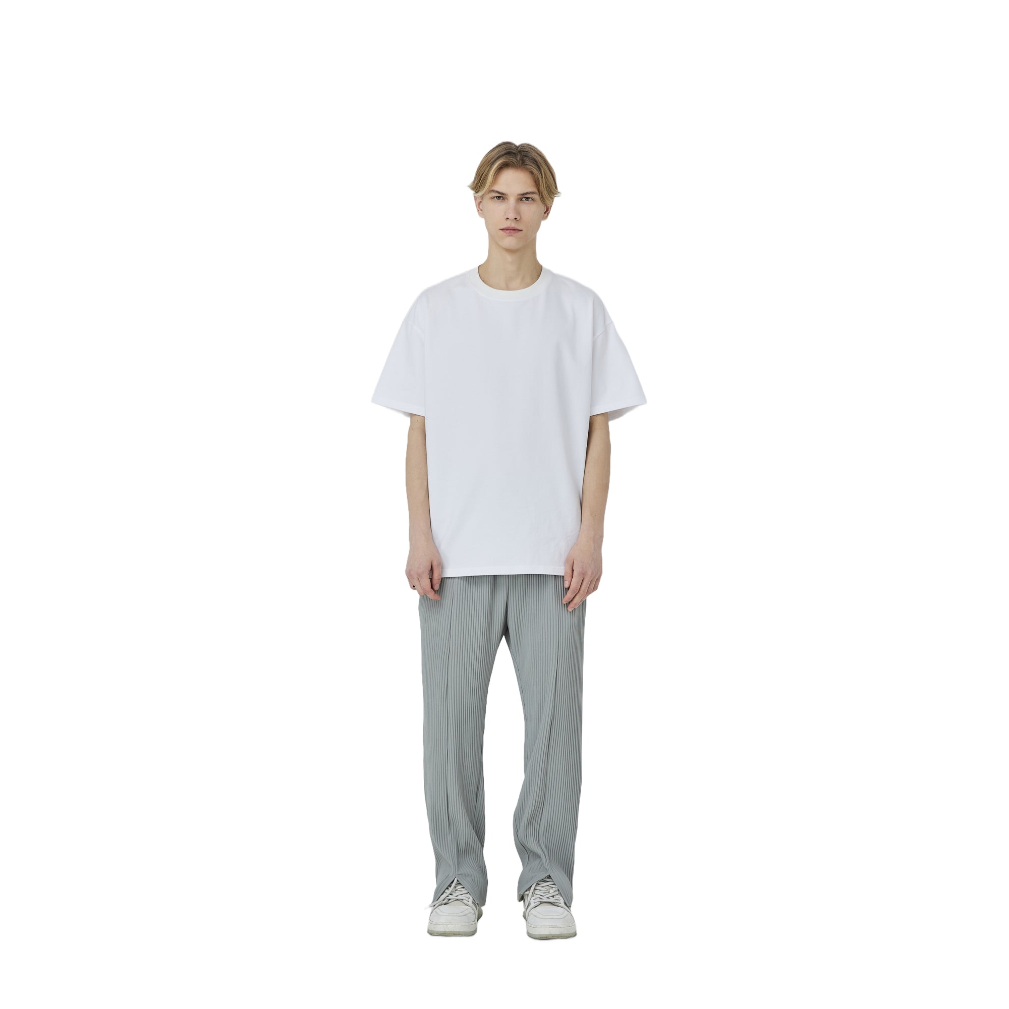 Silver Grey Drape Pleated Textured Slit Trousers