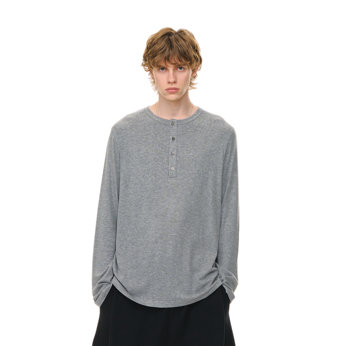 Fitted Cut Henley Button-Down Collar Wool Long Sleeves In Grey