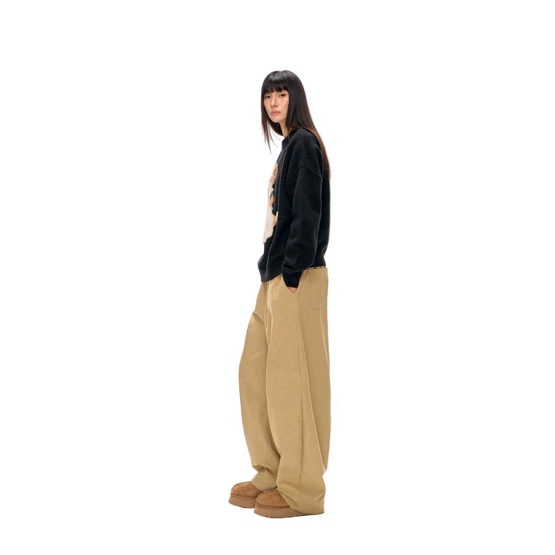 Plush Cartoon Puppy Jacquard Pullover Sweater In Black