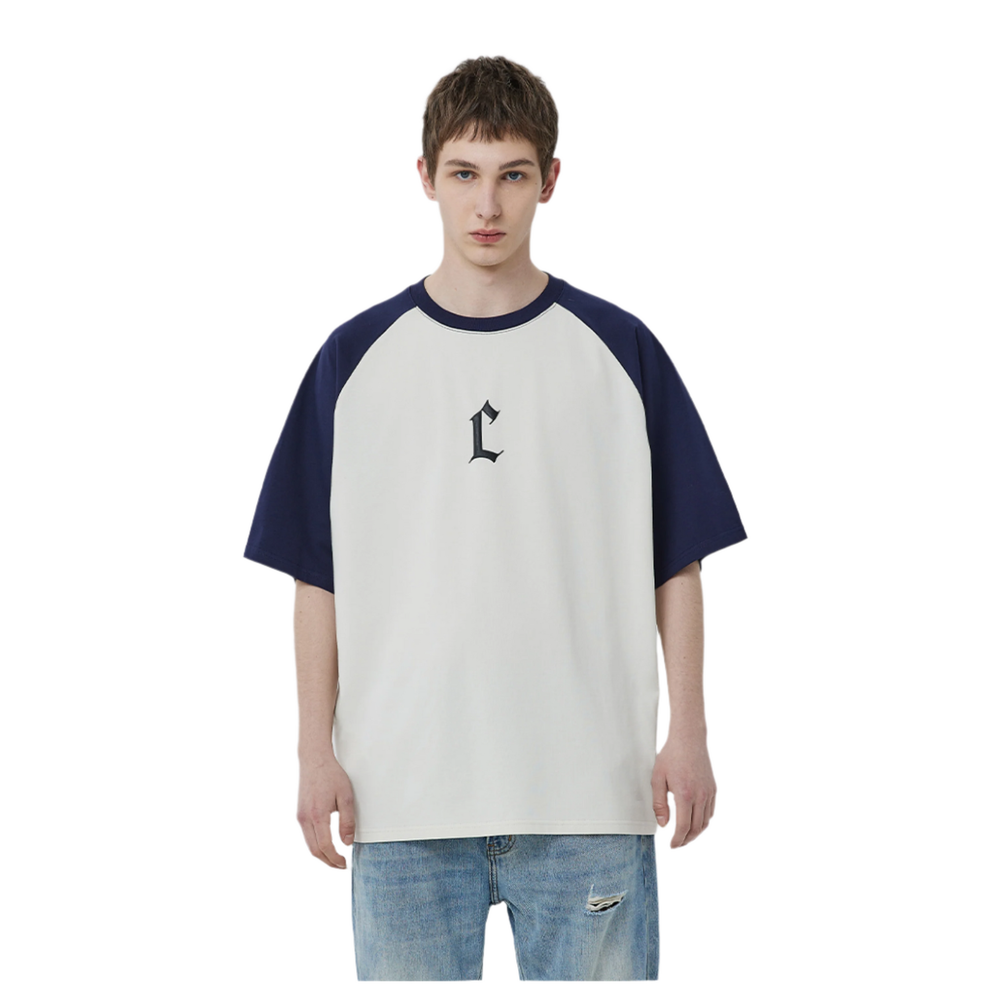 White And Navy Blue Colorblocked Foamed C Short Sleeves
