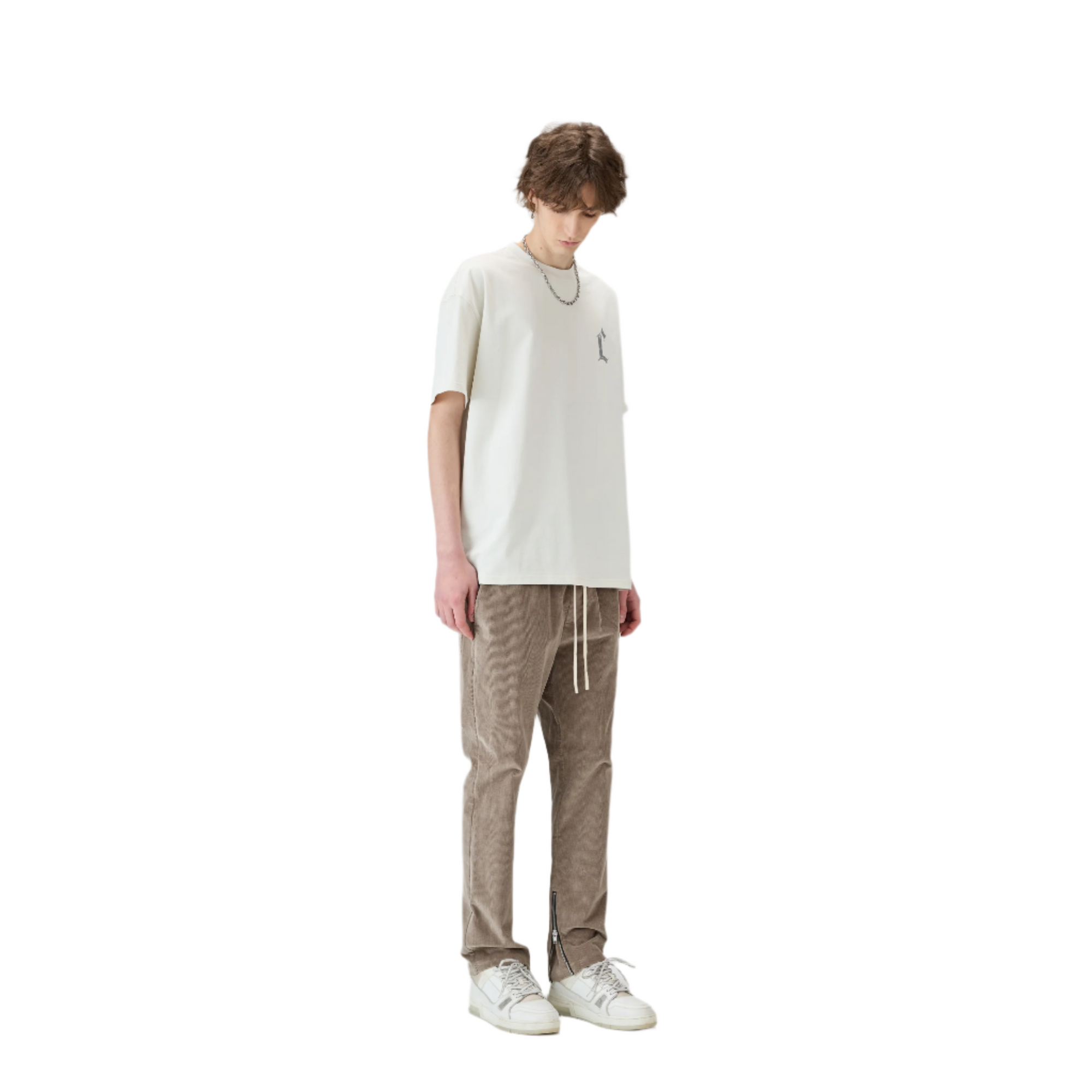 Khaki Grey Corduroy Trousers with Inner Slits