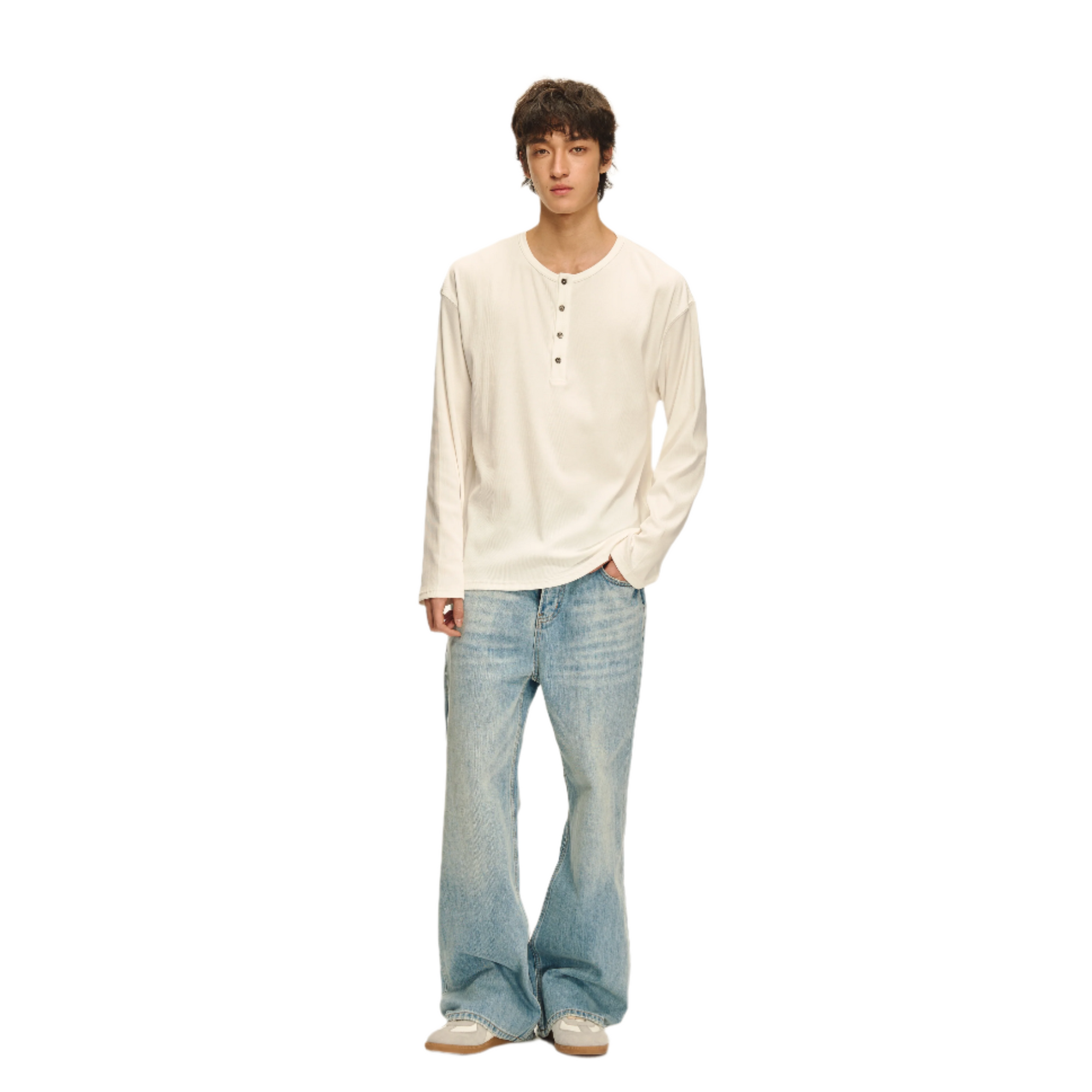 White Henry Collar Drape Basic Long Sleeve Tee