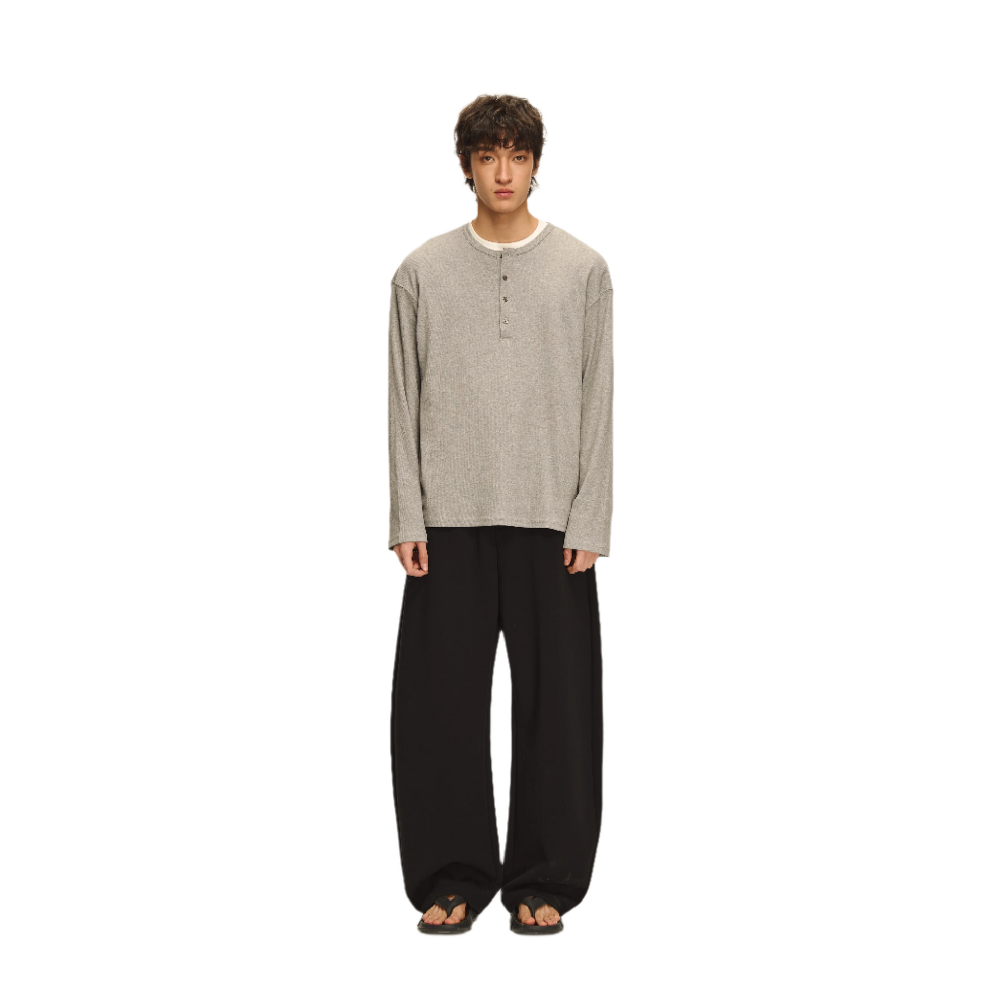 Light Grey Henley Collar Drape Basic Long Sleeve Tee