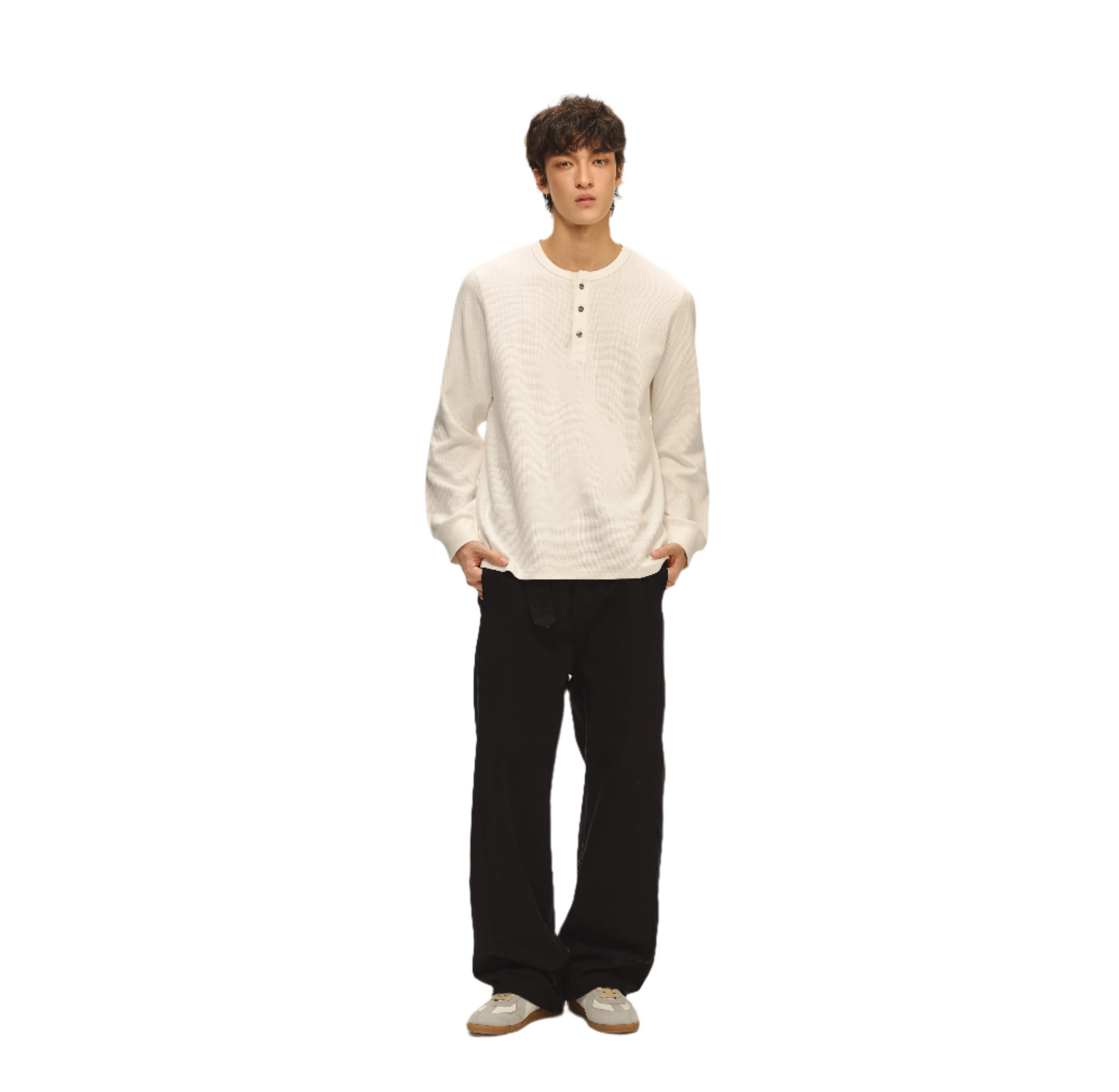 White Henley Collar Textured Long Sleeve T-Shirt