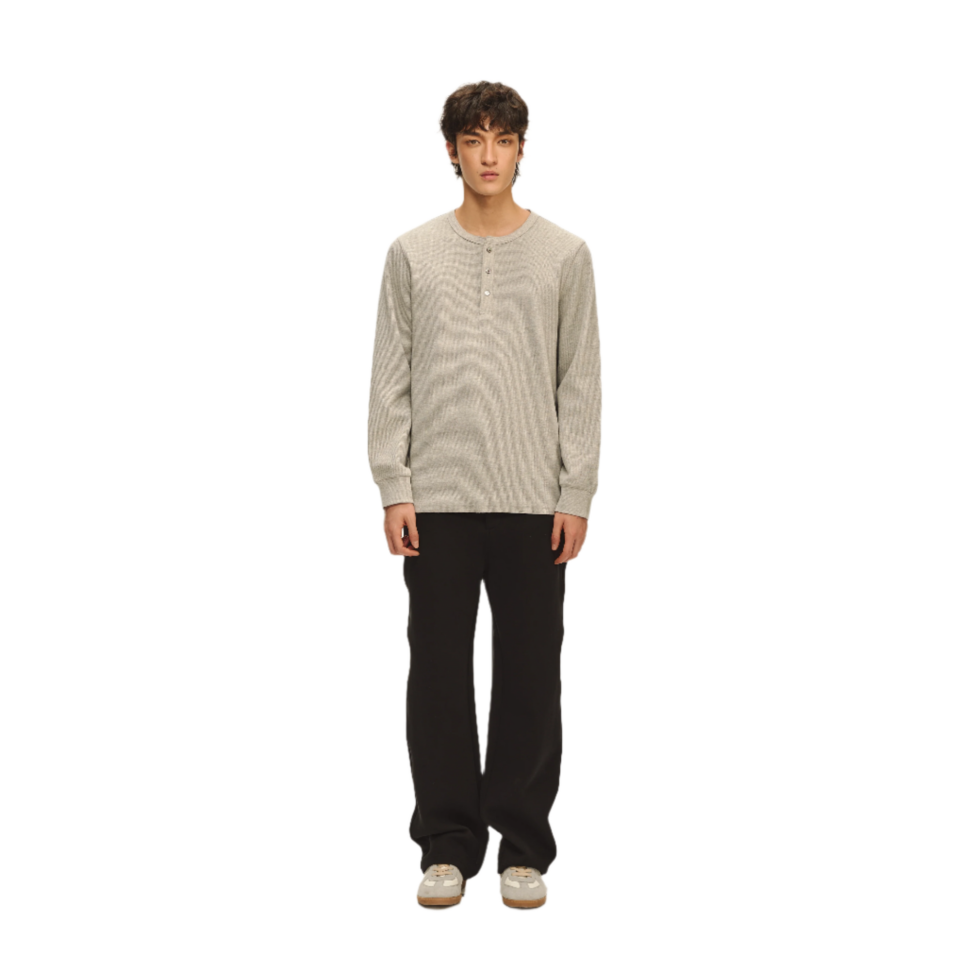 Grey Henley Neck Textured Long Sleeve T-Shirt