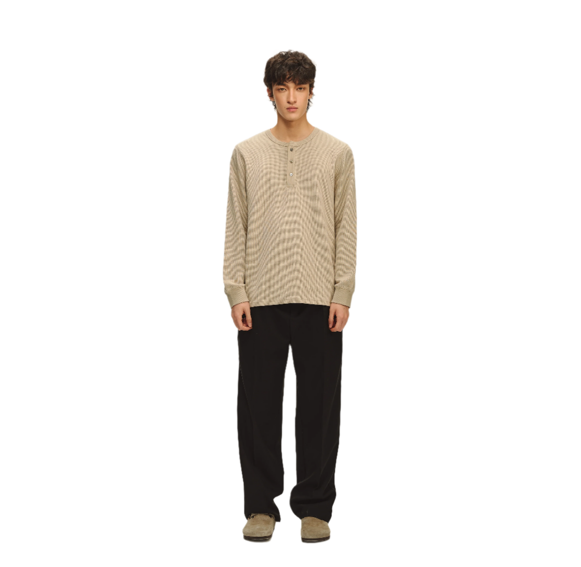 Khaki Henley Neck Textured Long Sleeve T-Shirt