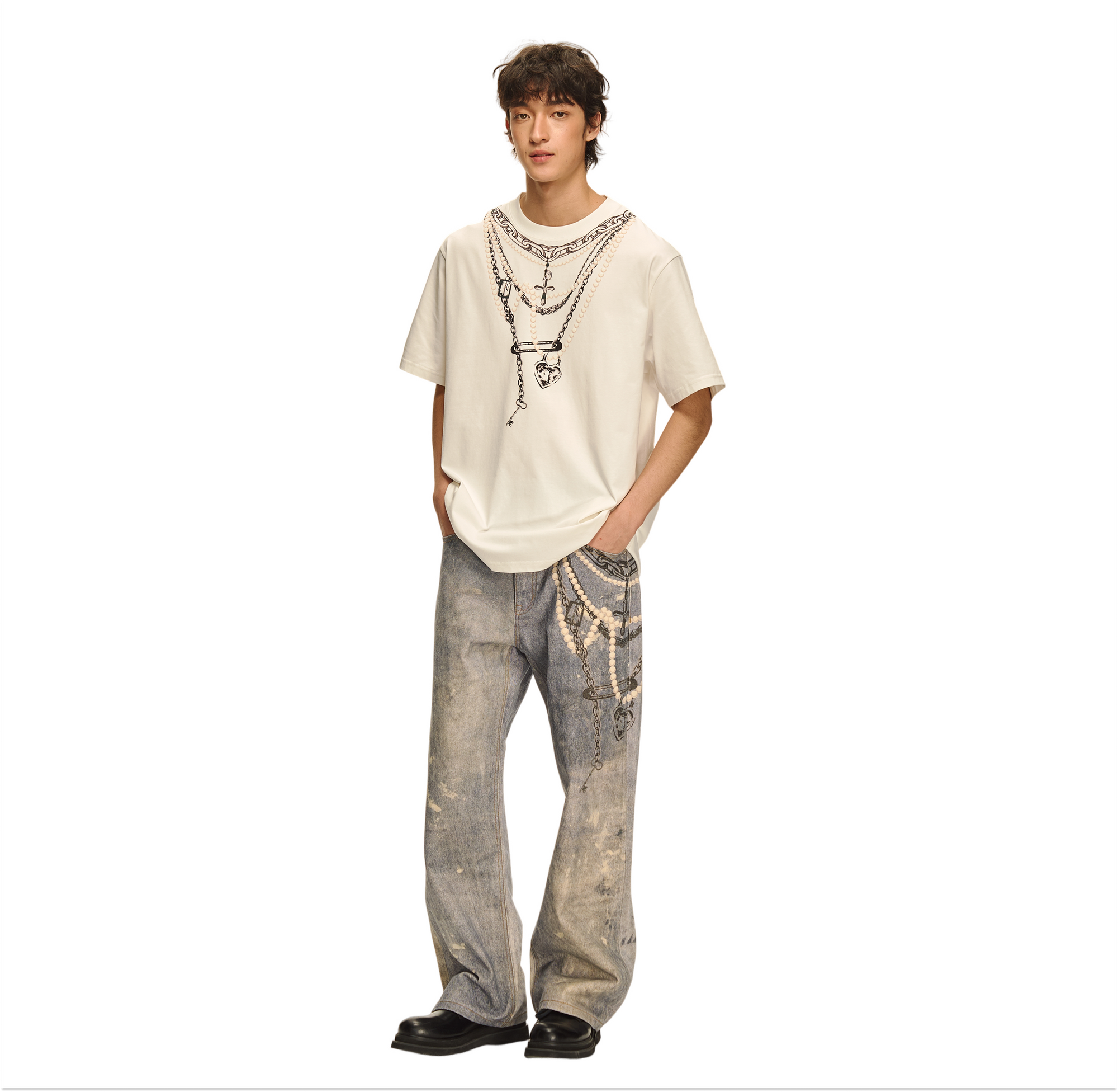 White 3D Pearl Print Chain Short Sleeve