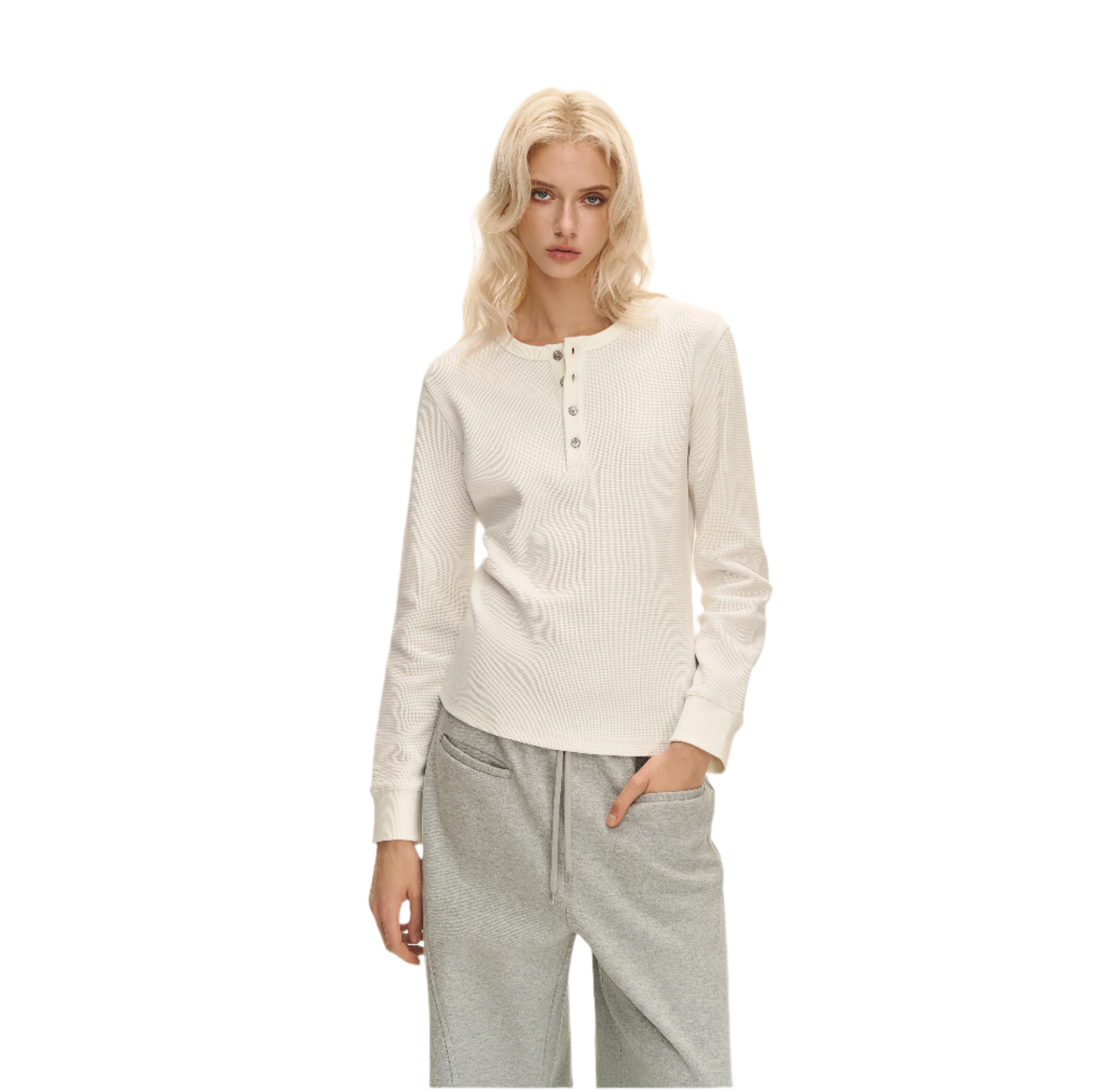 White Waffle Texture Long Sleeve T-shirt