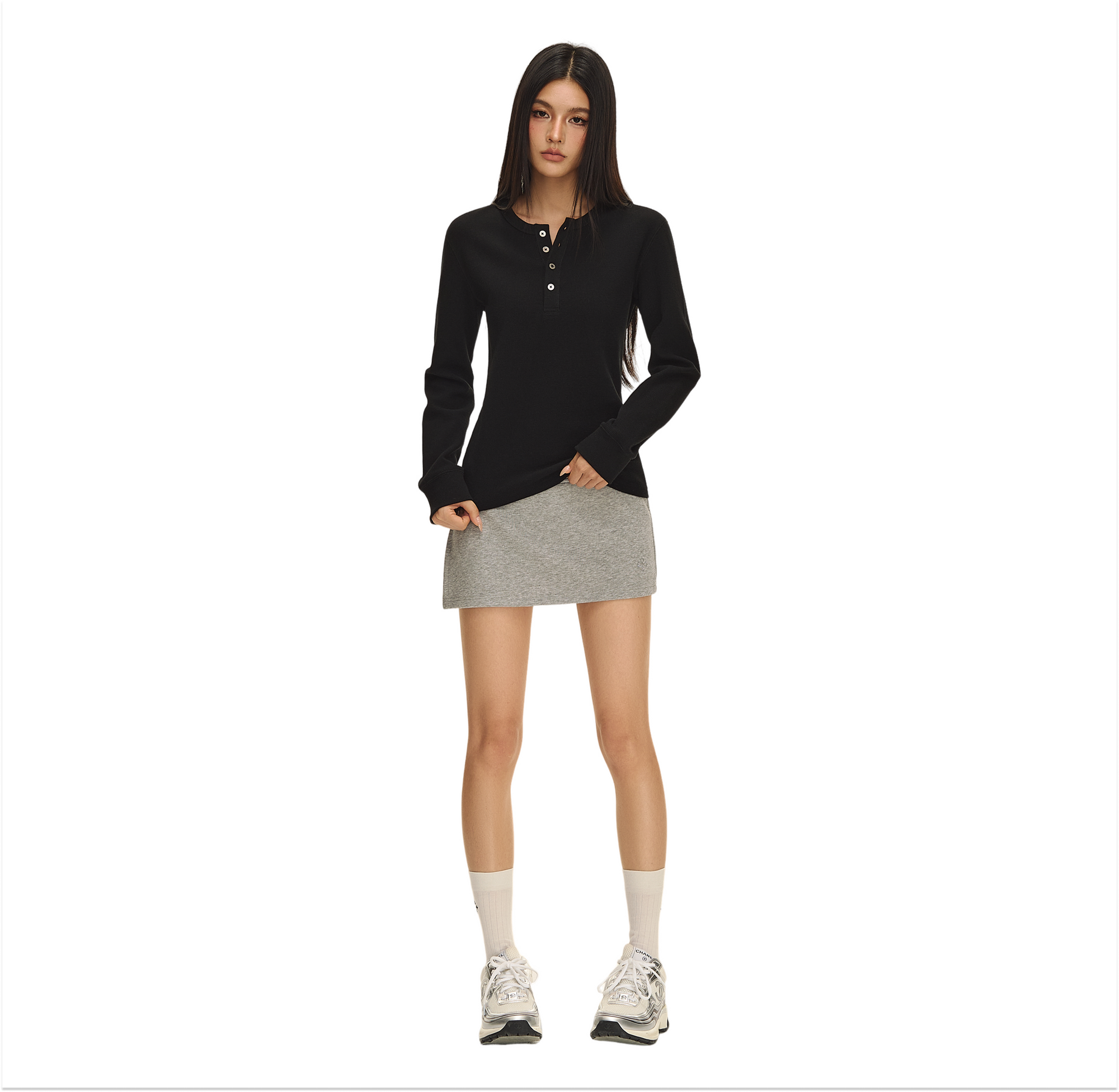 Black Waffle Texture Long Sleeve T-shirt