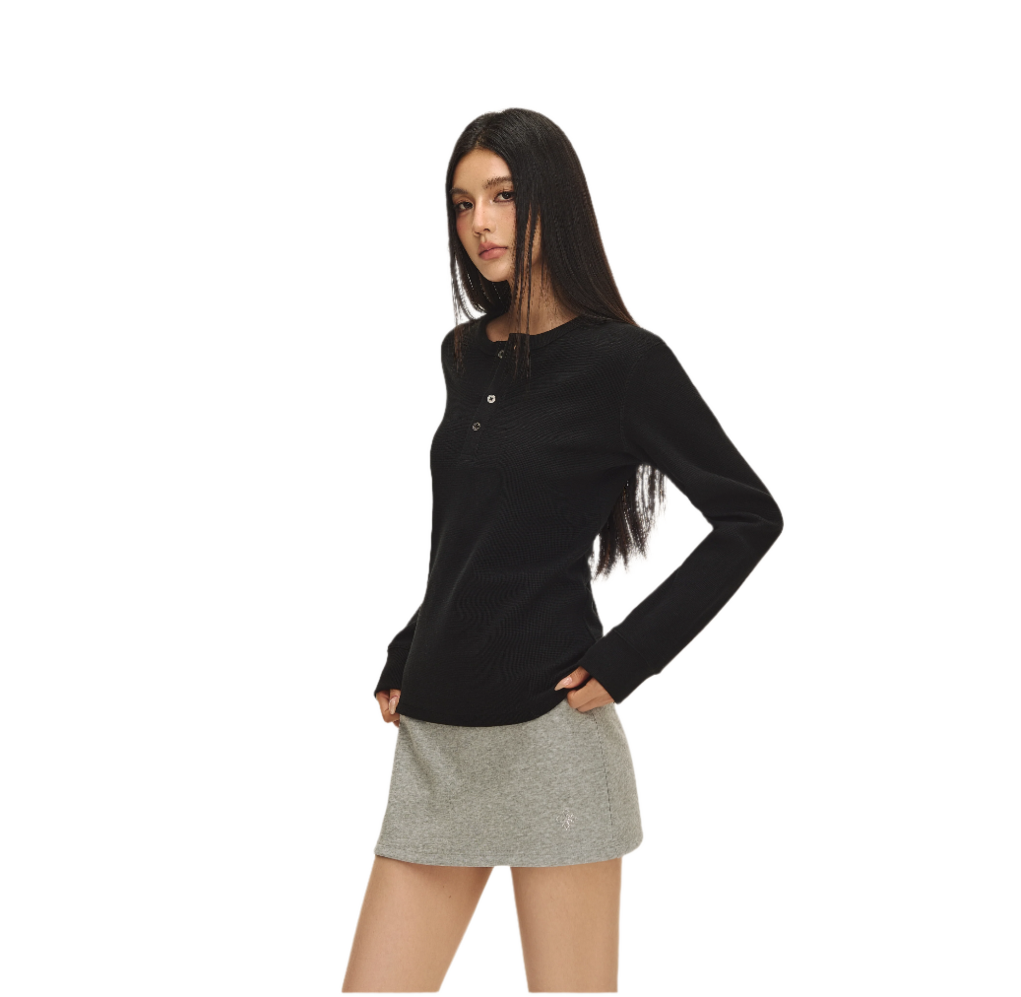 Black Waffle Texture Long Sleeve T-shirt