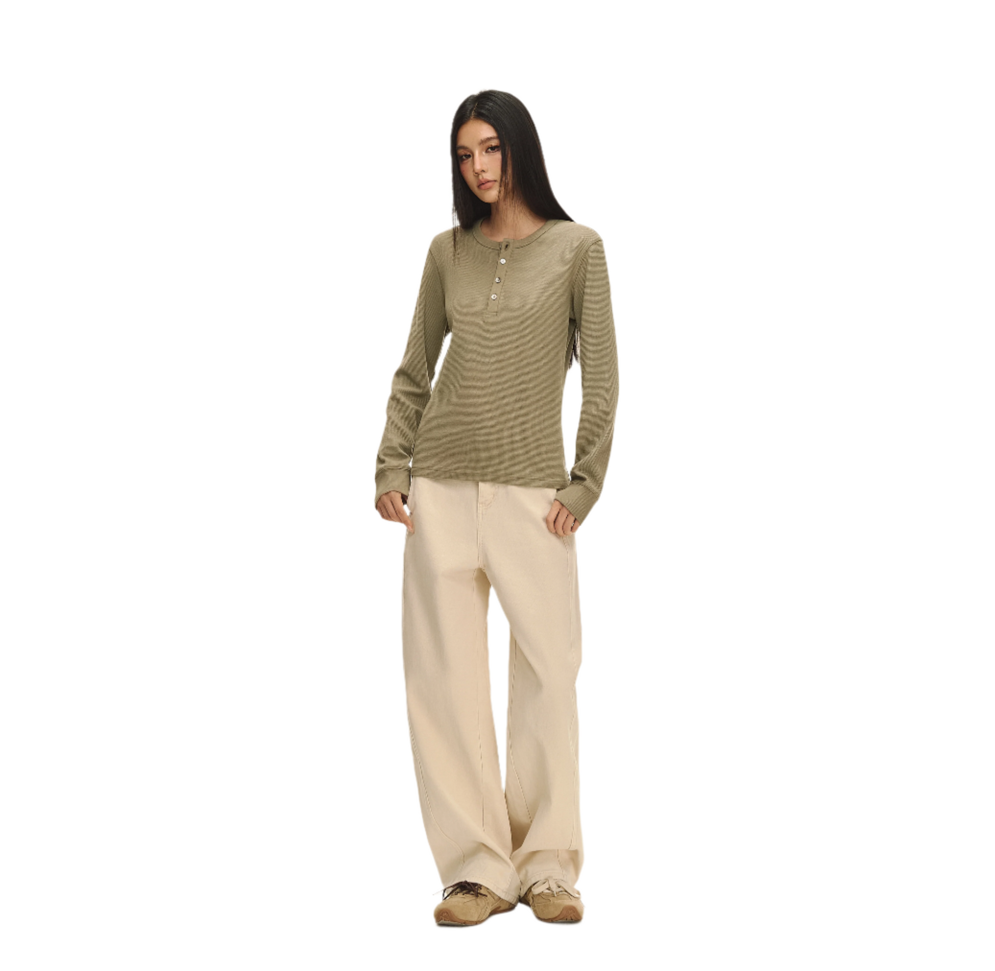Green Waffle Texture Long Sleeve T-shirt