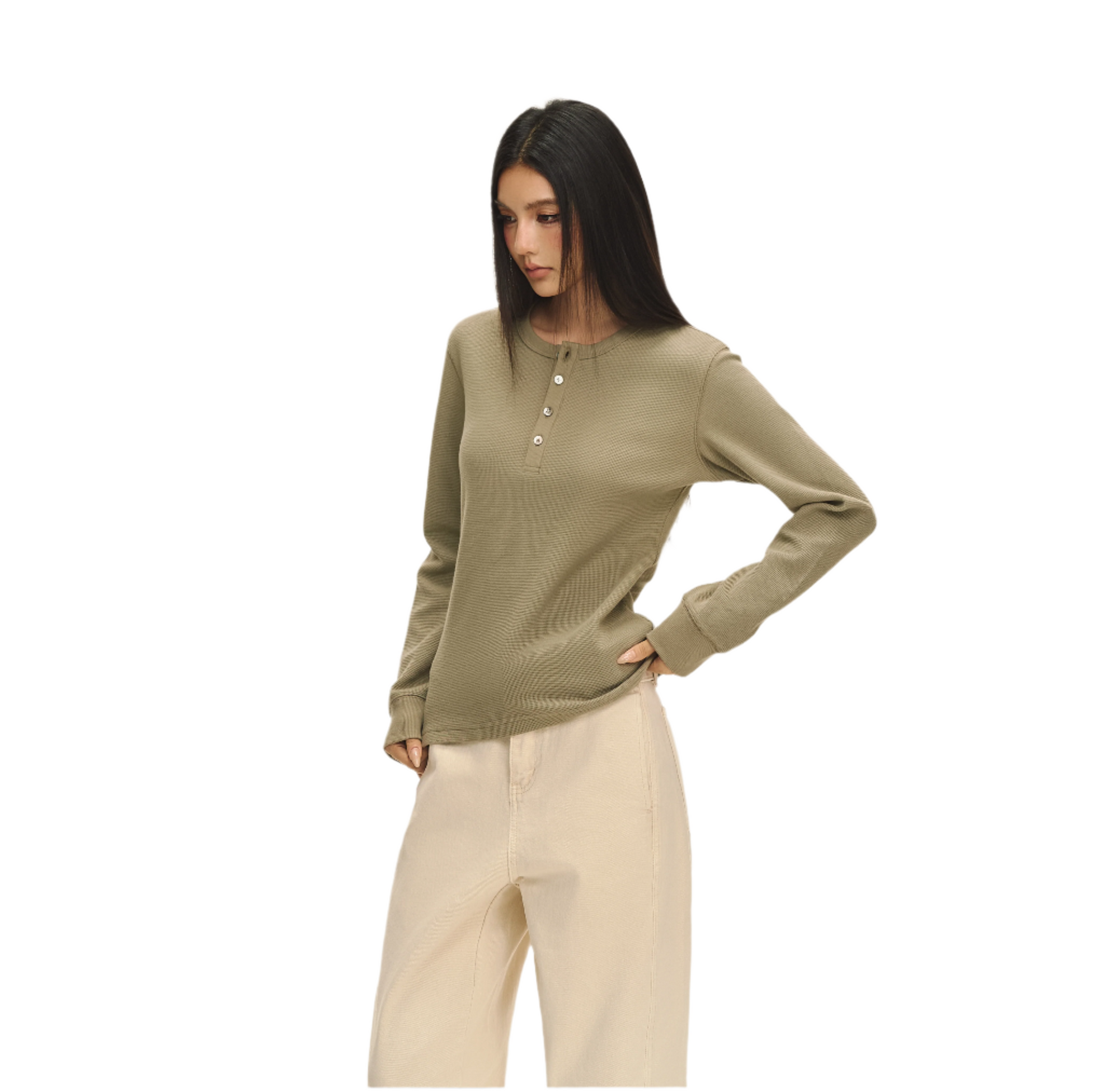 Green Waffle Texture Long Sleeve T-shirt