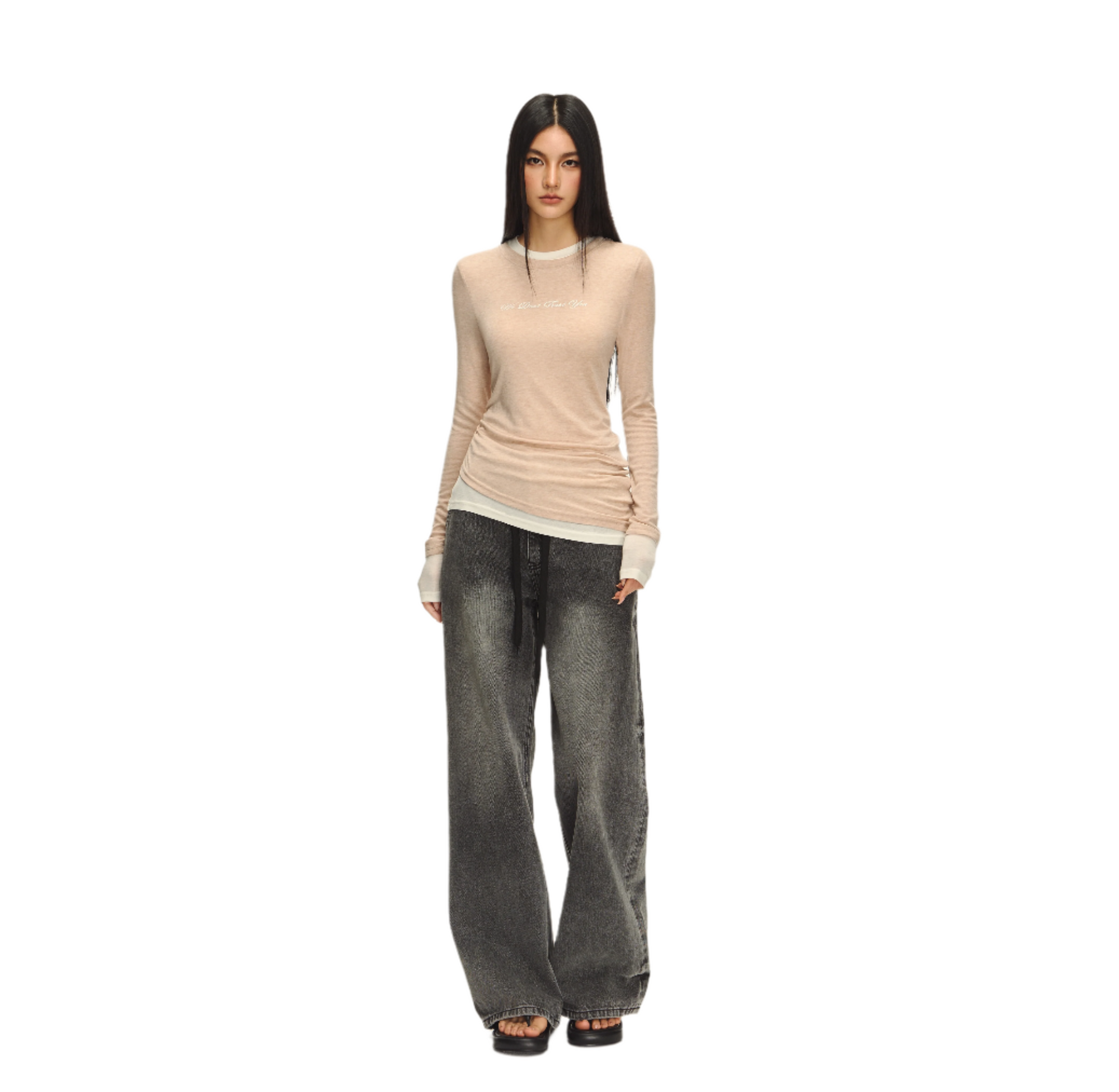 Light Khaki Thin Elastic Fake Two-piece Long Sleeve