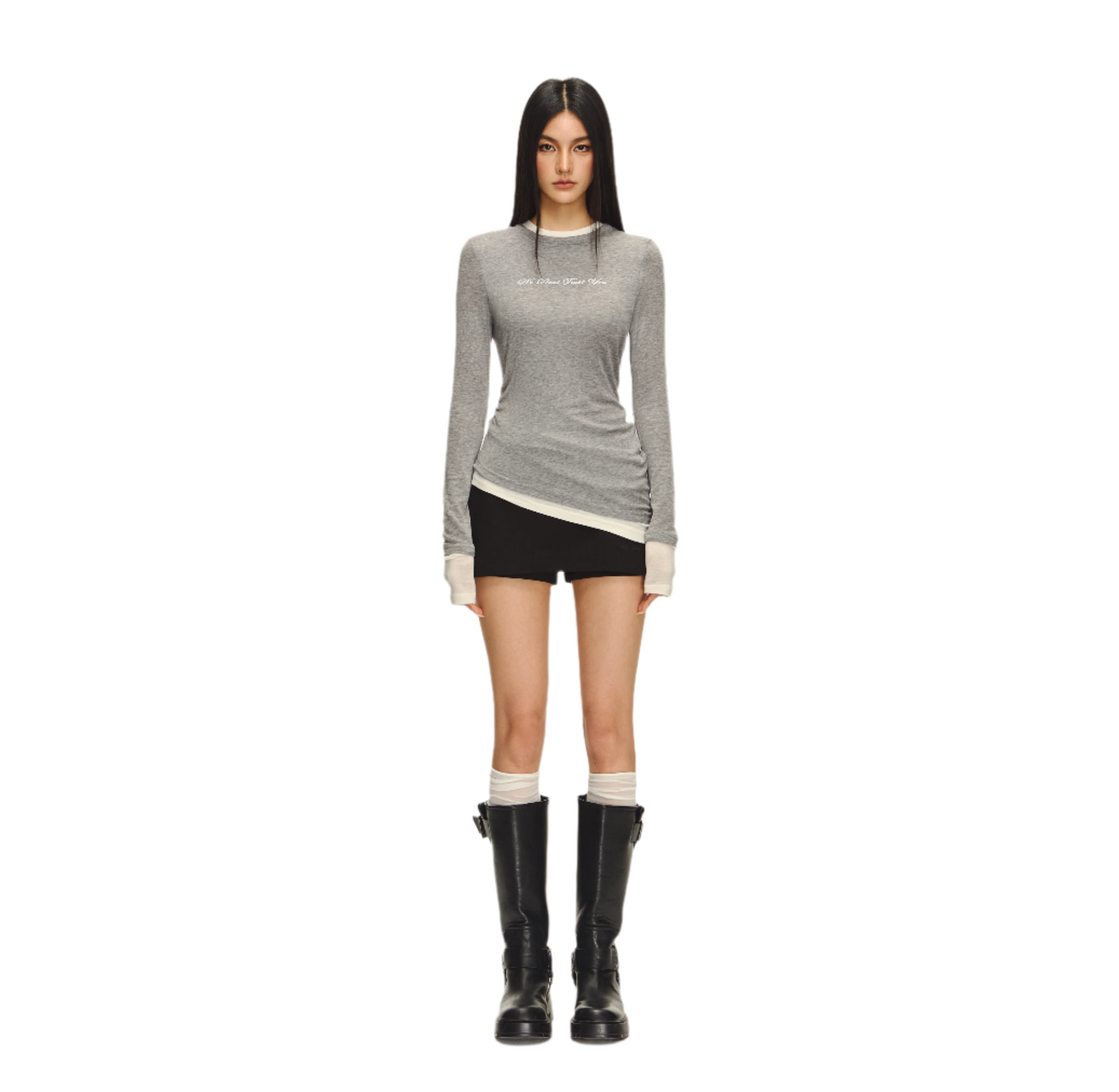 Gray light elastic fake two-piece long sleeves