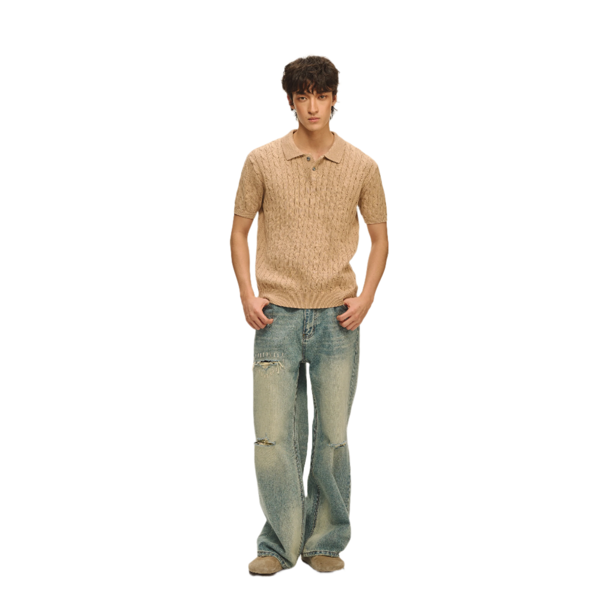 Khaki Cotton Classic Polo Collar Short Sleeves
