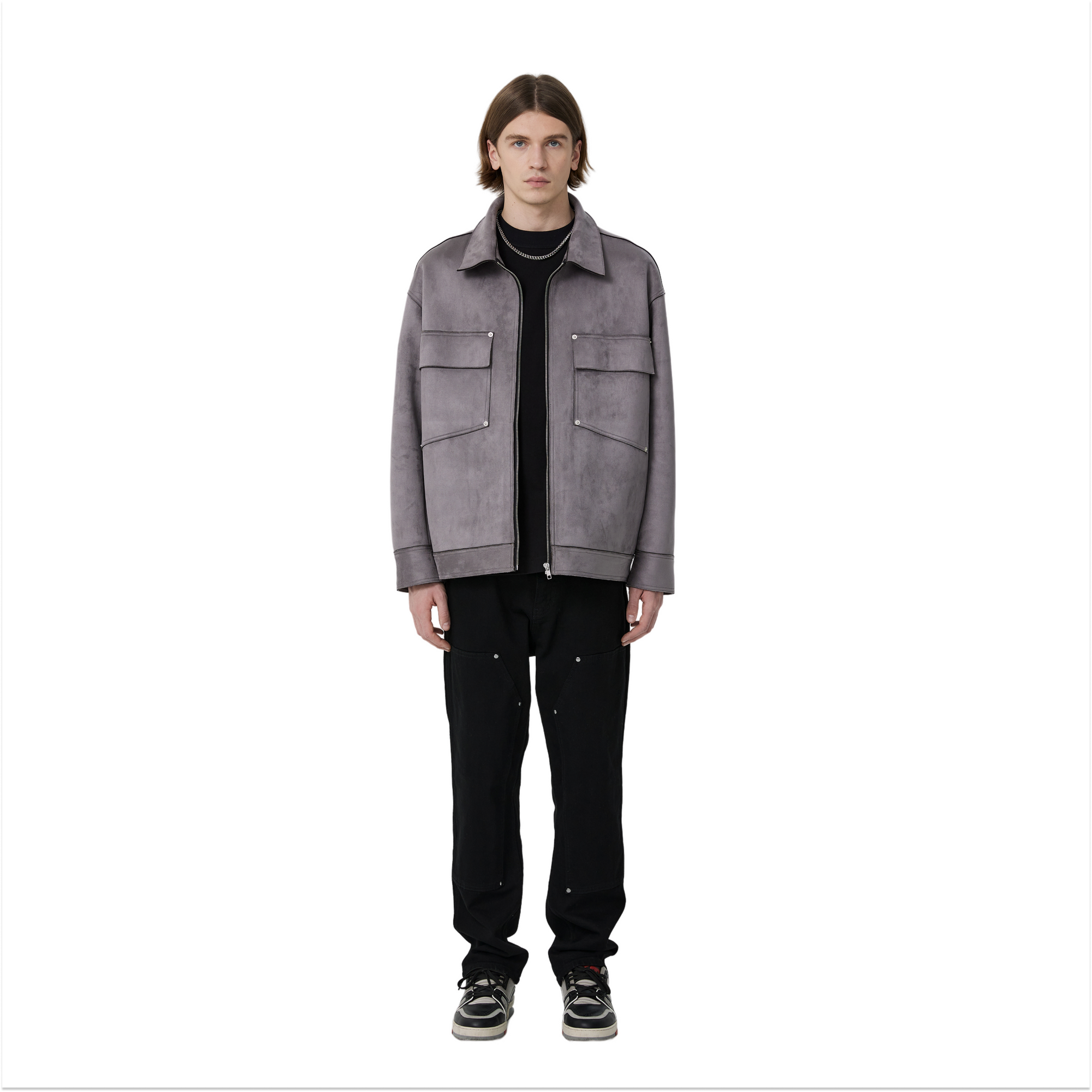 Grey Suede Jacket with Slanted Pockets