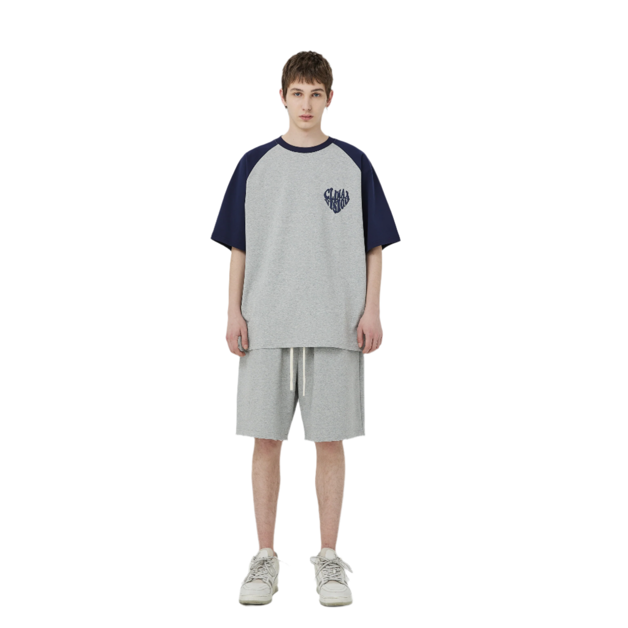 Gray And Navy Blue Heart Foam Contrast Short Sleeves