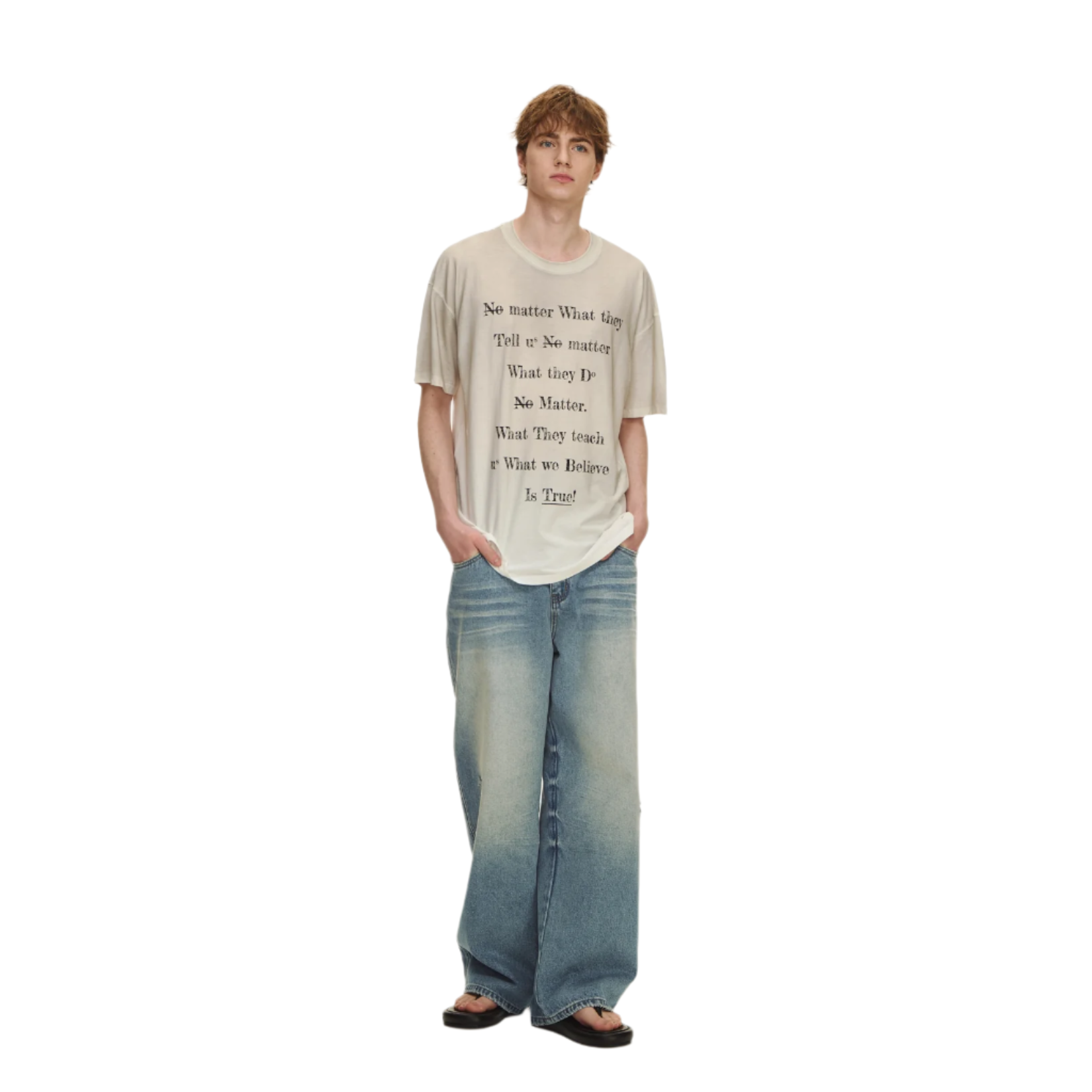 White Strong Twist Cotton Distressed Slogan Short Sleeves