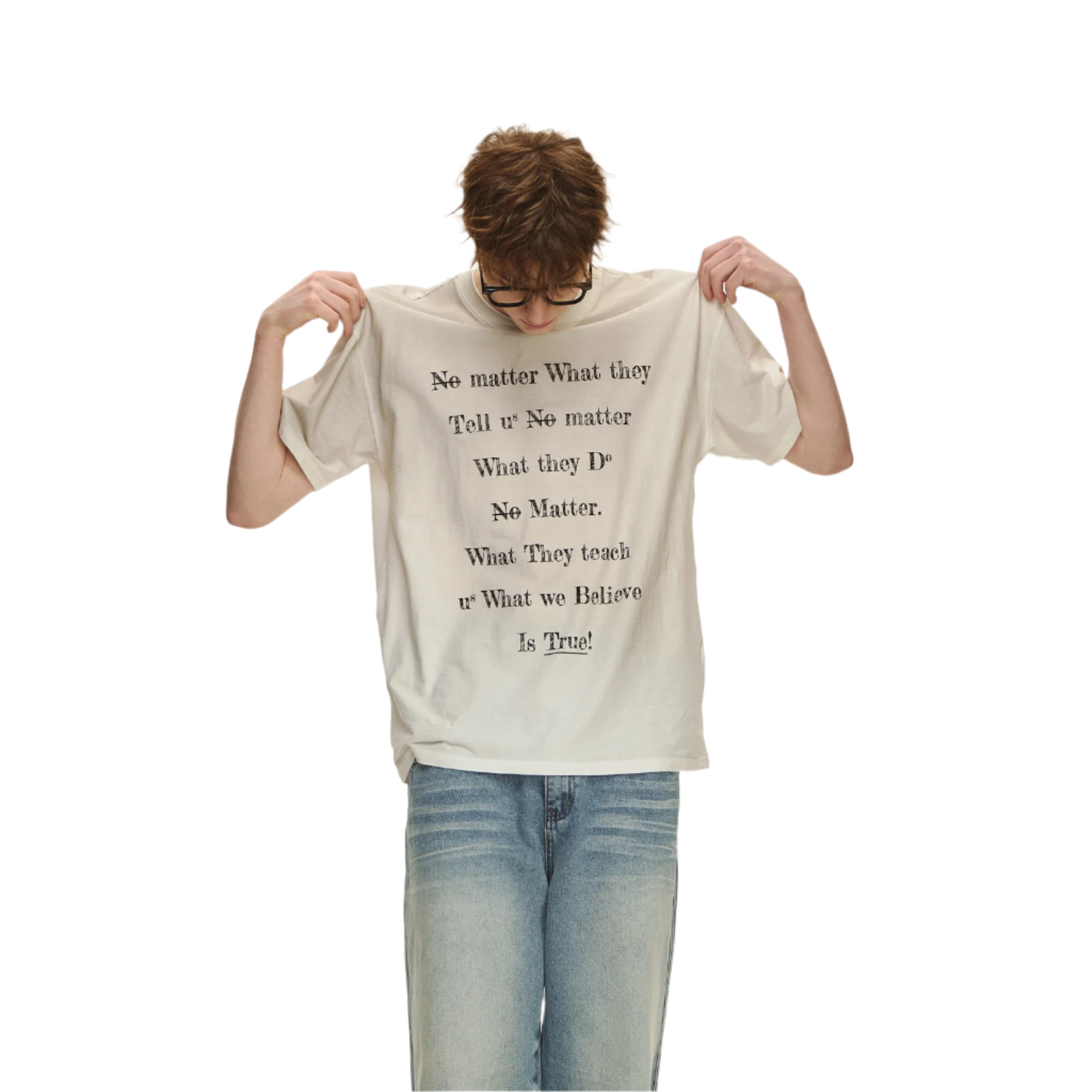 White Strong Twist Cotton Distressed Slogan Short Sleeves