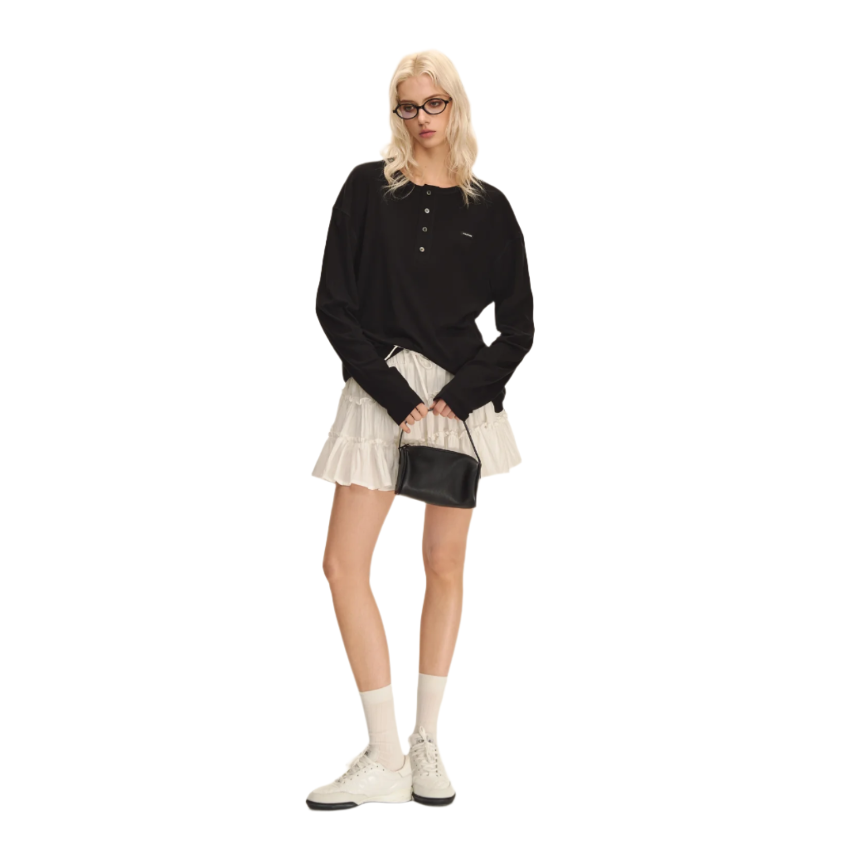 Black Lyocell Stretch Henley Collar Long Sleeves