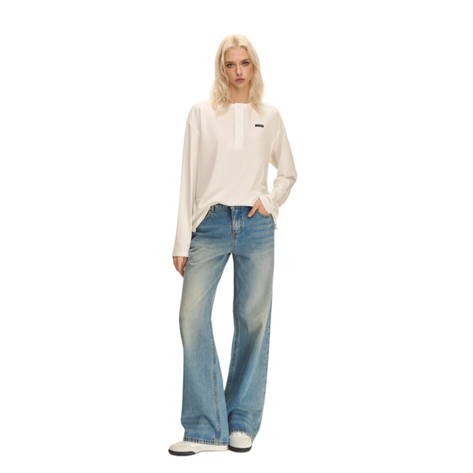 White Lyocell Soft Stretch Henley Collar Long Sleeves