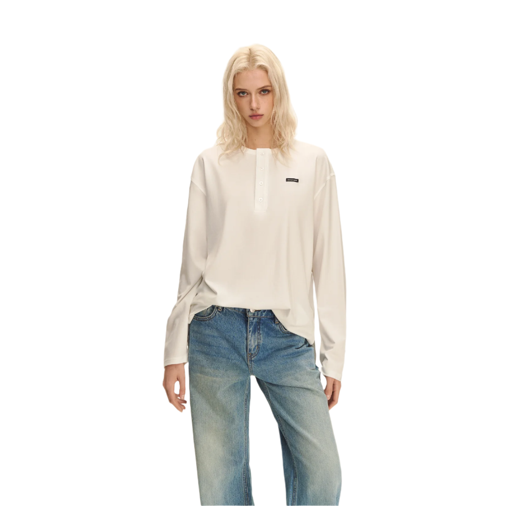 White Lyocell Soft Stretch Henley Collar Long Sleeves
