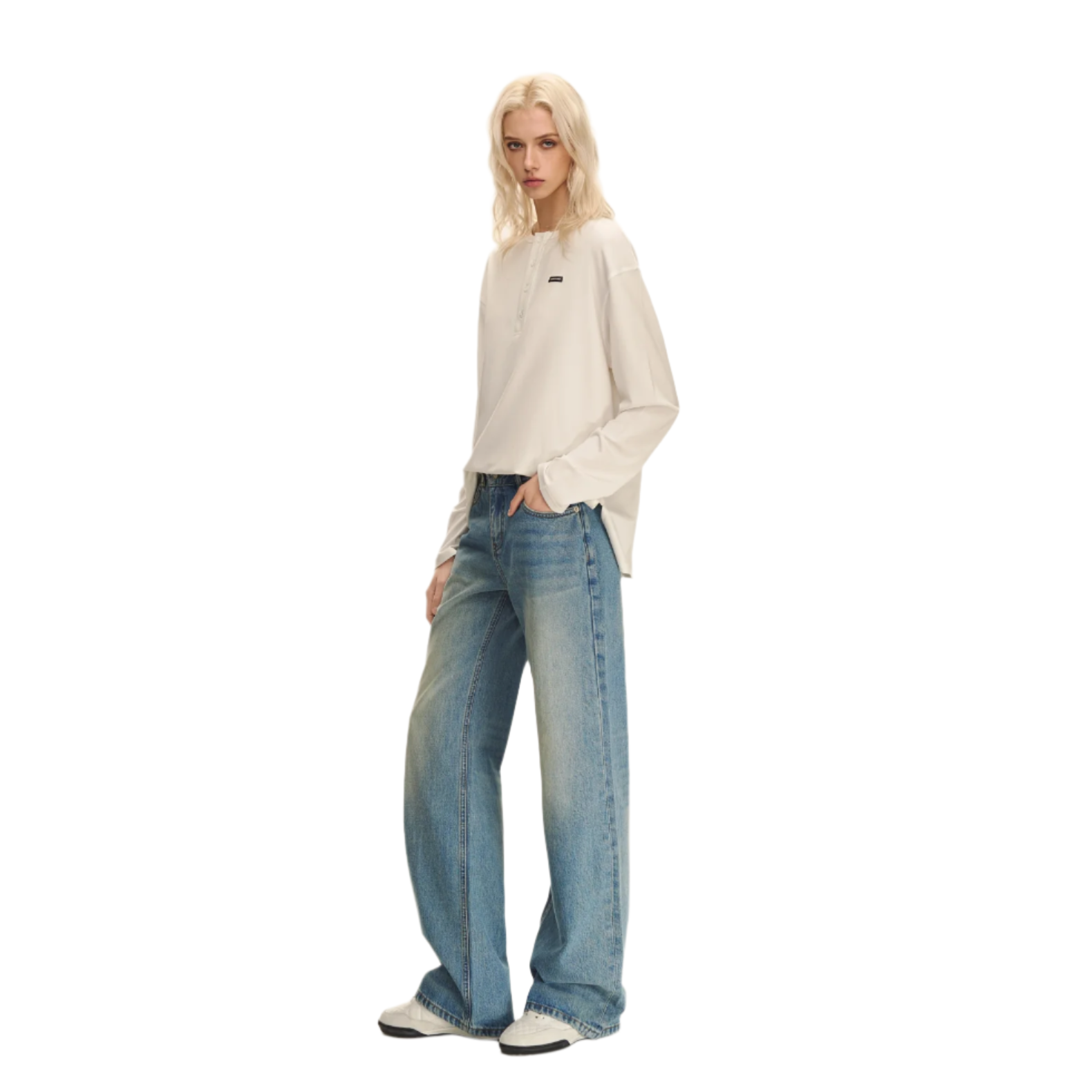White Lyocell Soft Stretch Henley Collar Long Sleeves