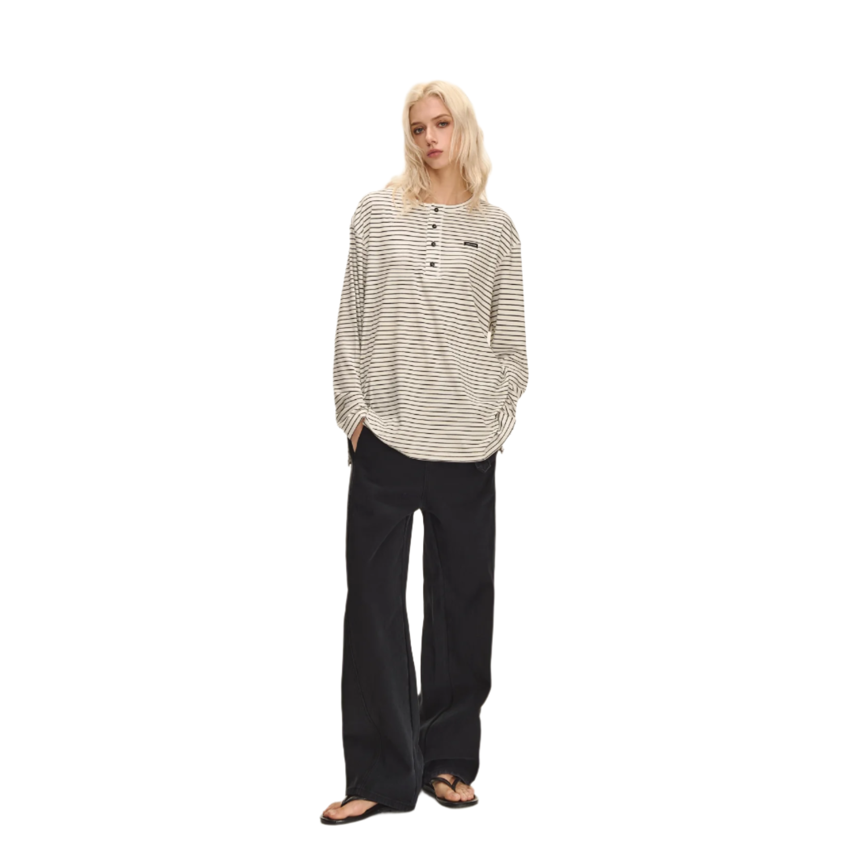 Black and white striped lyocell stretch henley collar long sleeves