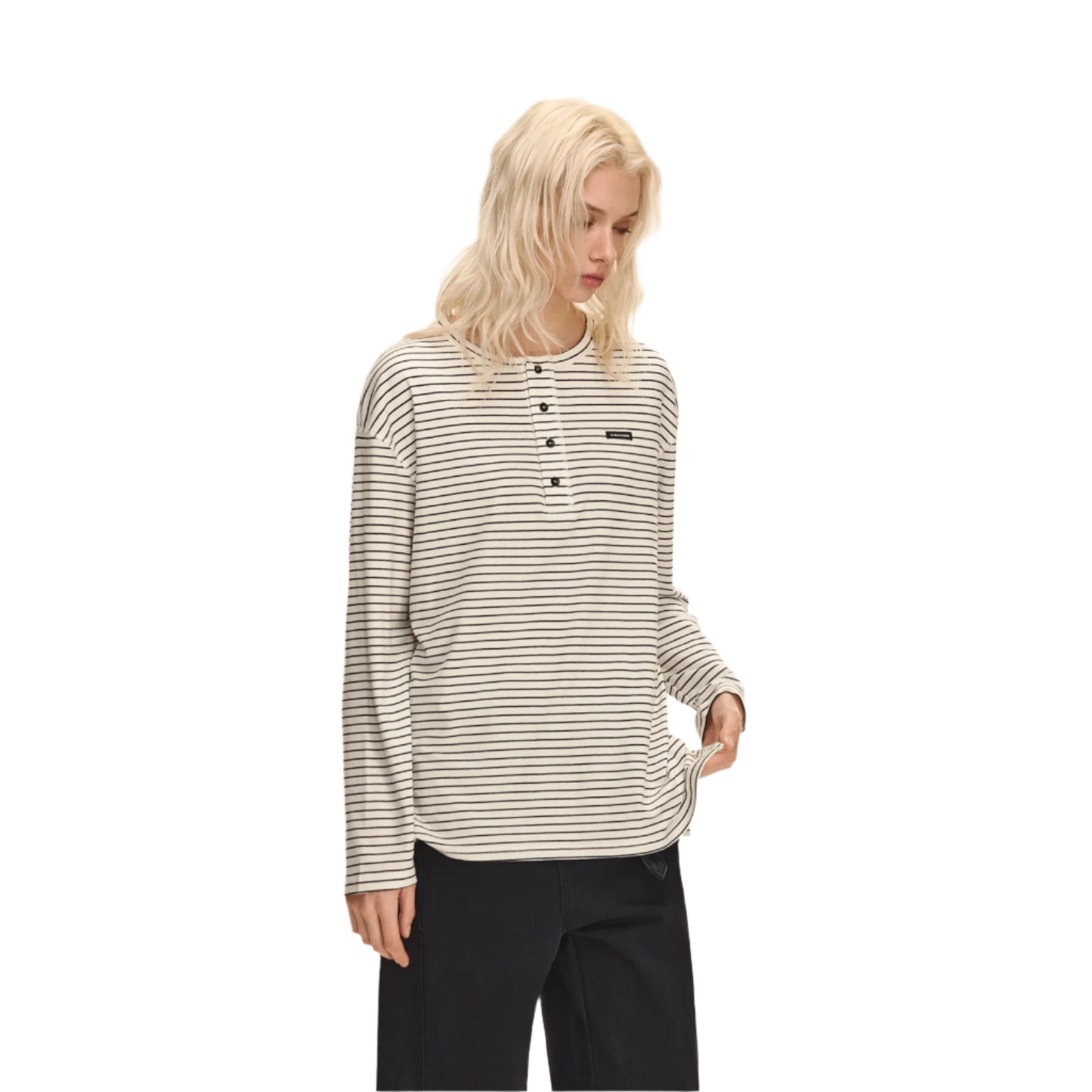 Black and white striped lyocell stretch henley collar long sleeves
