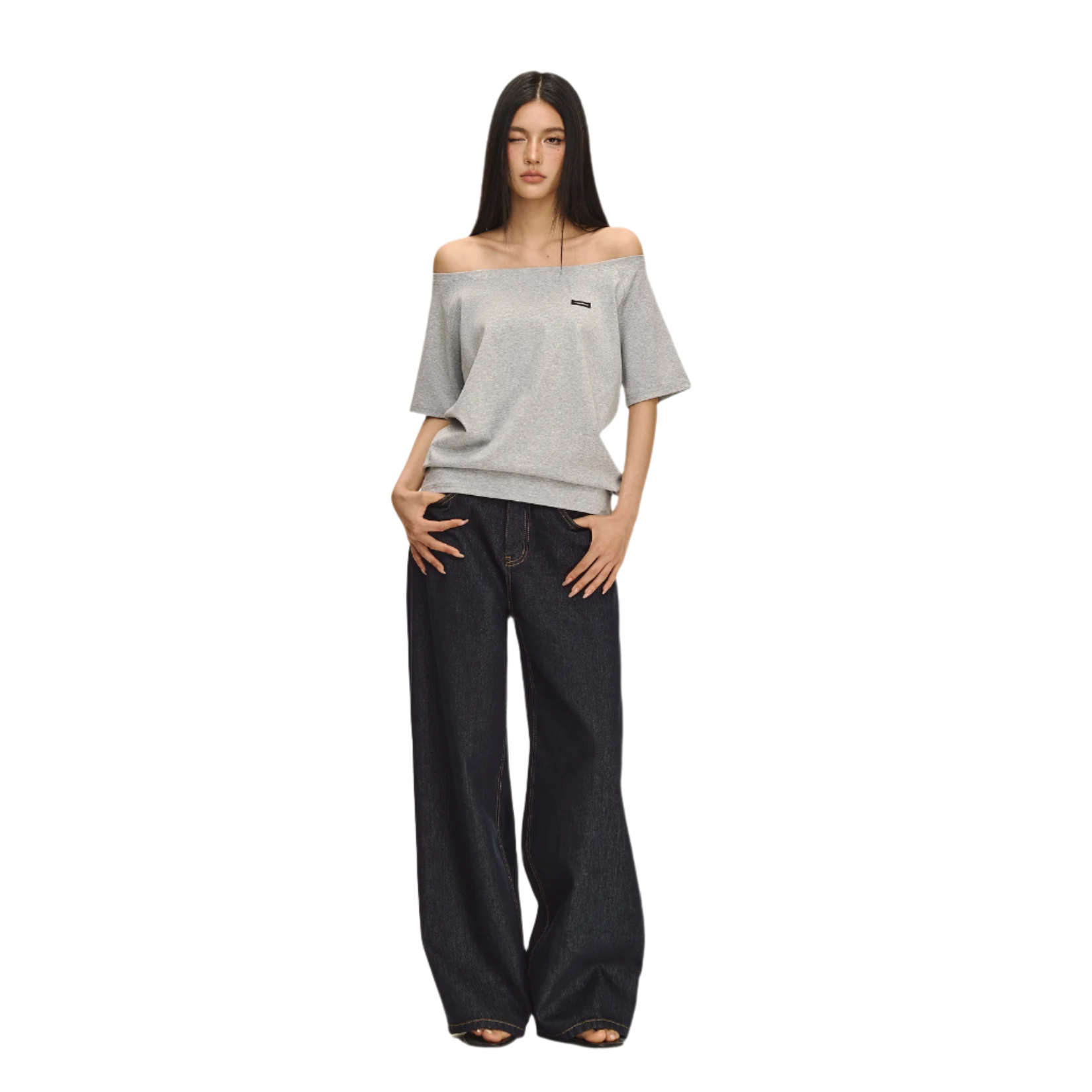 Grey Off-shoulder Stacked Short Sleeves