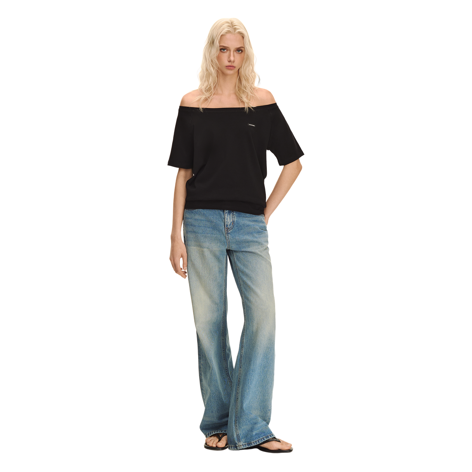 Black off-shoulder stacked short sleeves