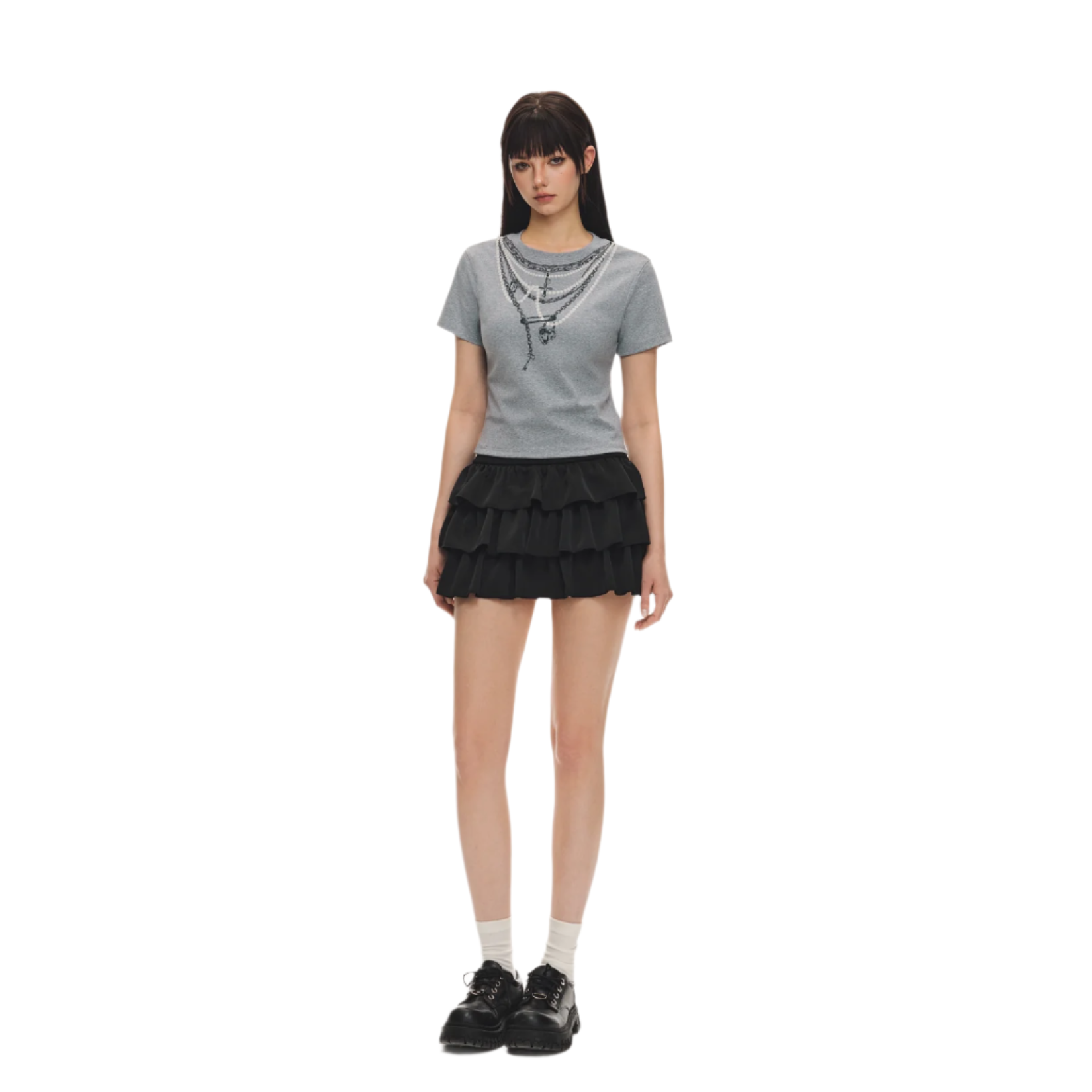 Grey Pearl Chain Printed Short Sleeves