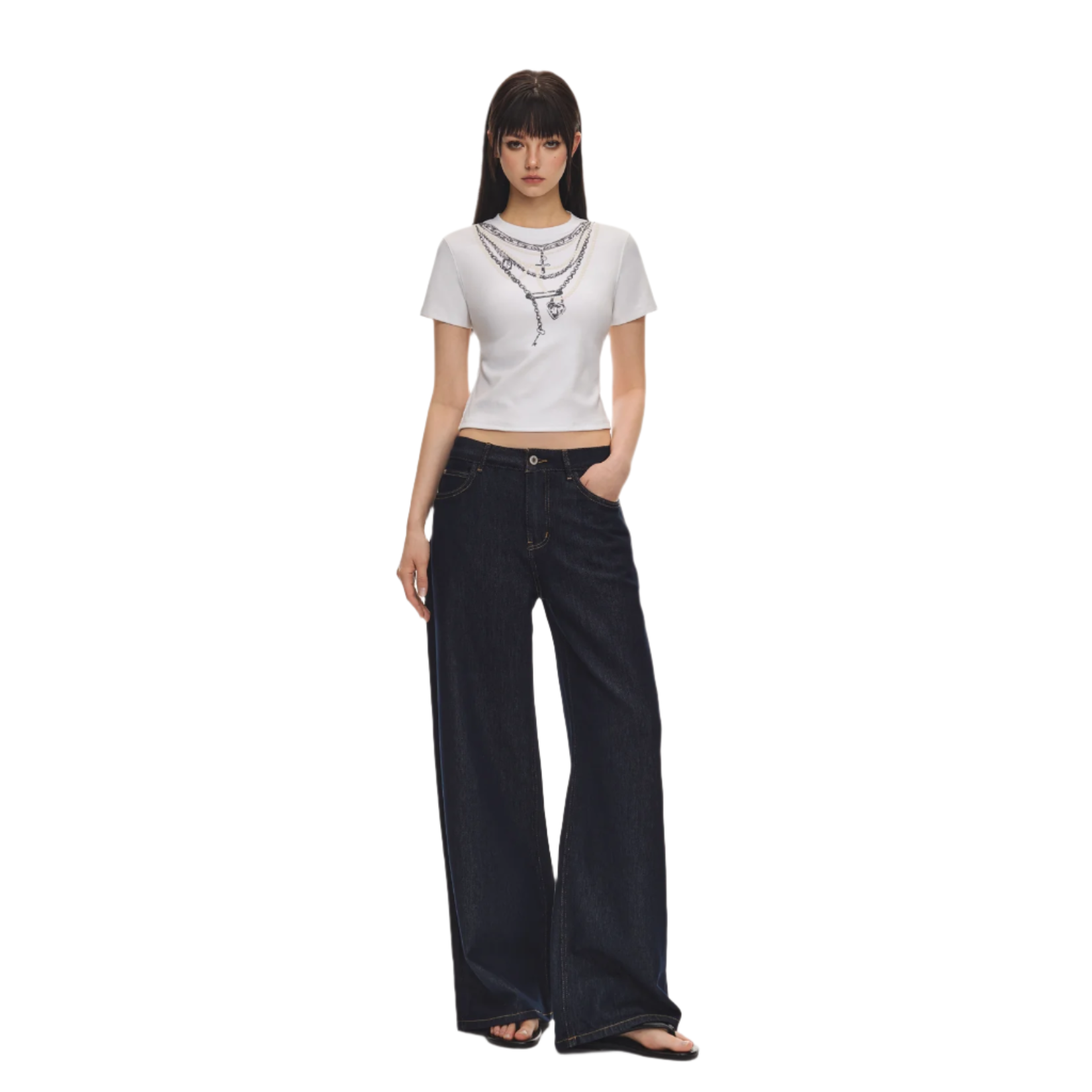 White pearl chain print short sleeves