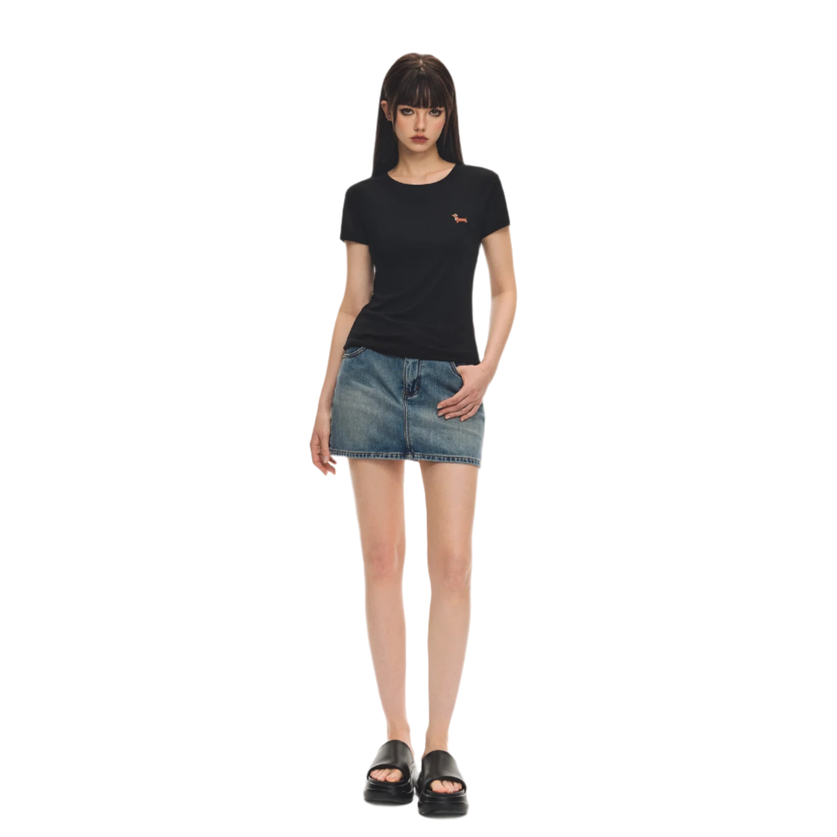 Black Skin-friendly Puppy Embroidery Short Sleeve