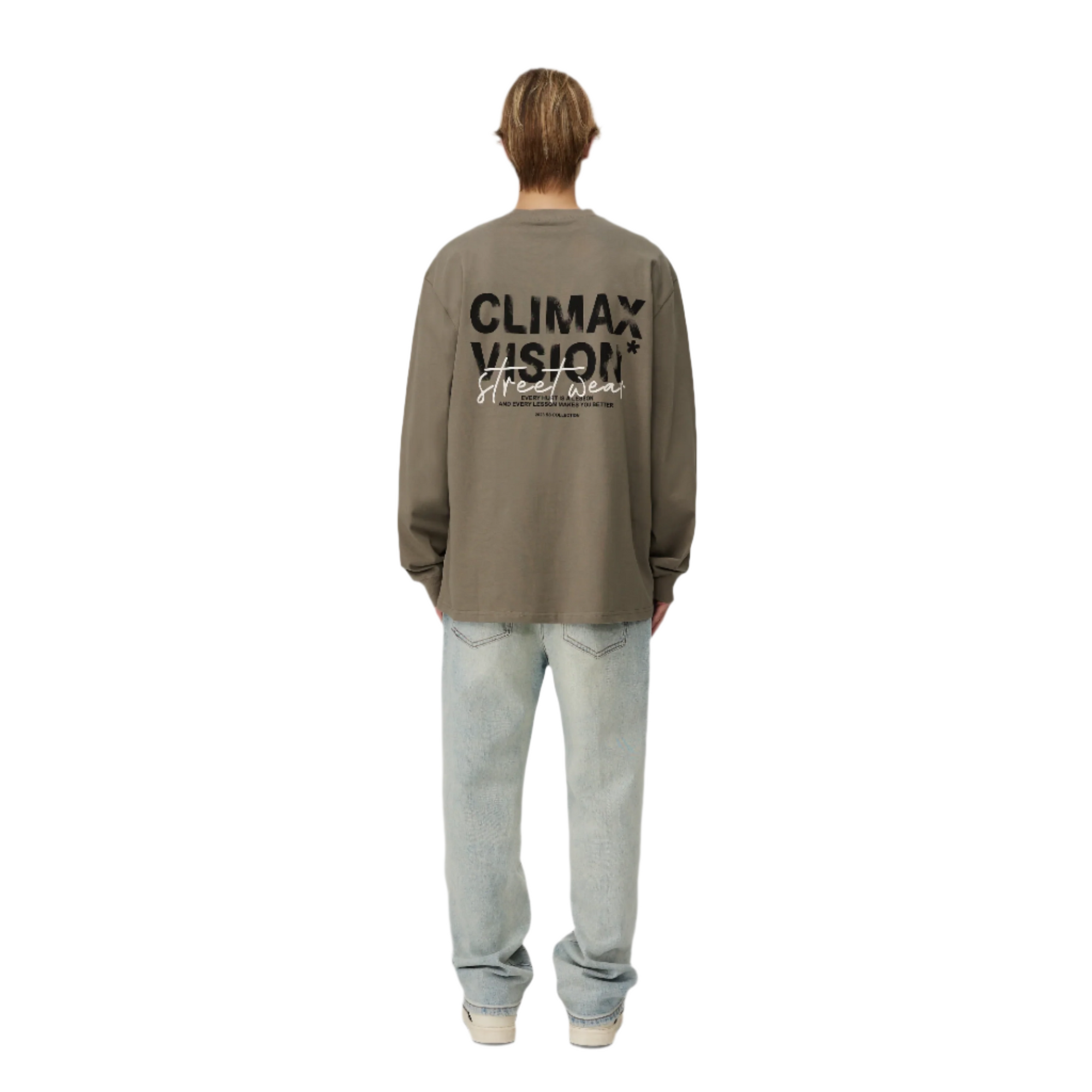 Khaki Grey Distressed Contrasting Lettering Long-sleeved T-shirt