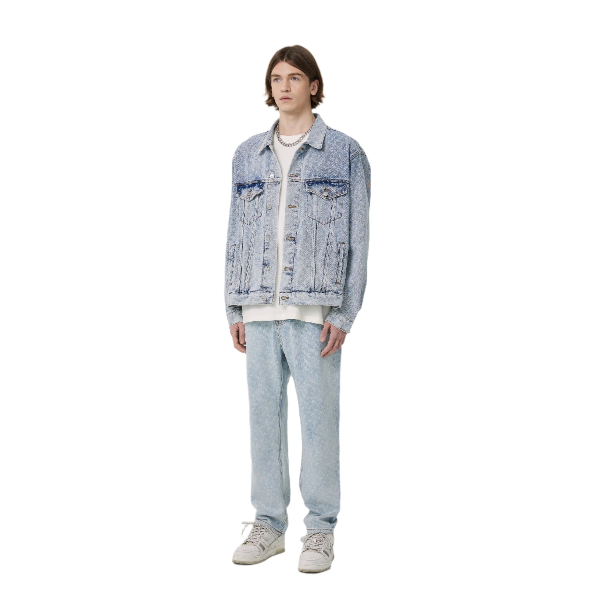 Blue Washed Distressed Print Denim Jacket