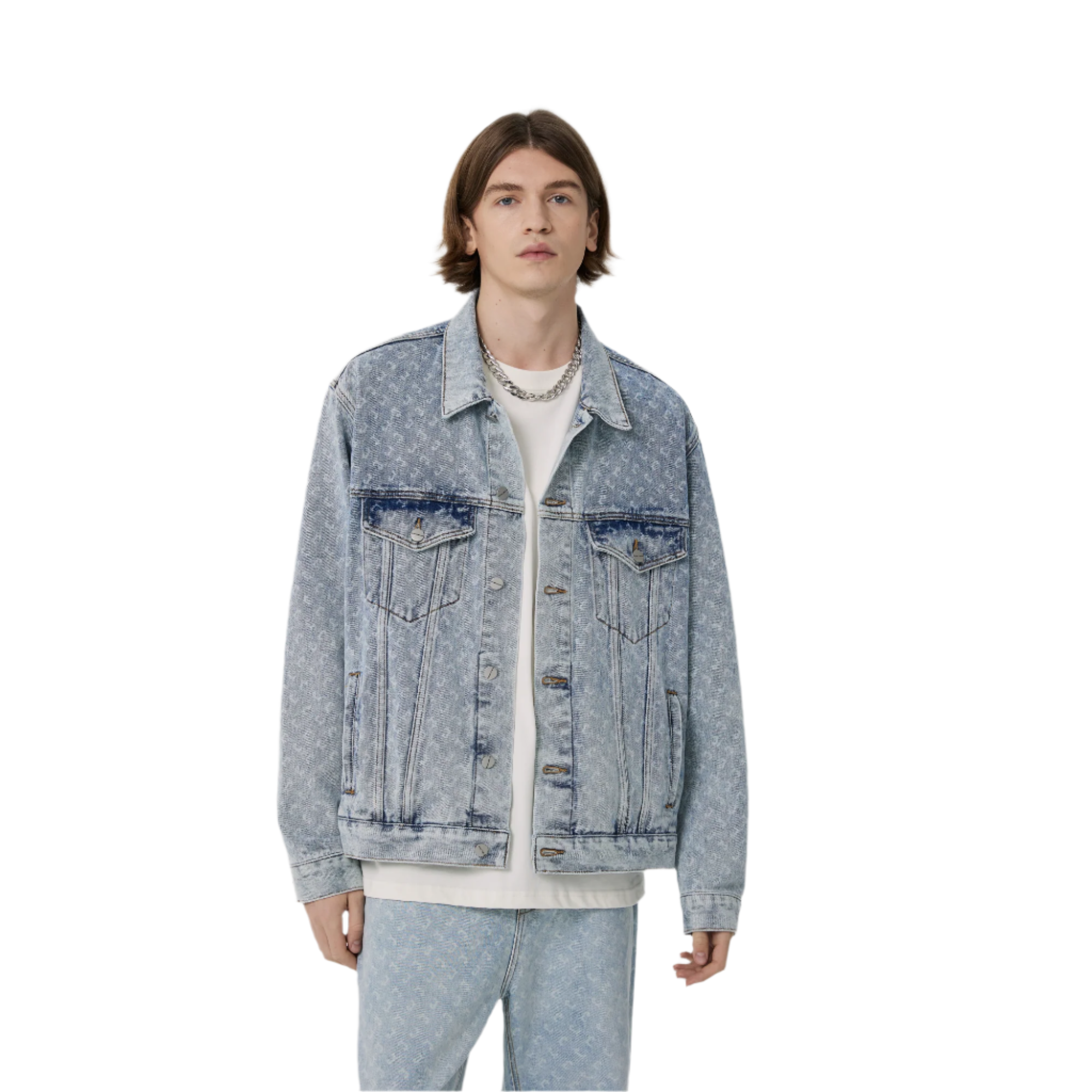 Blue Washed Distressed Print Denim Jacket