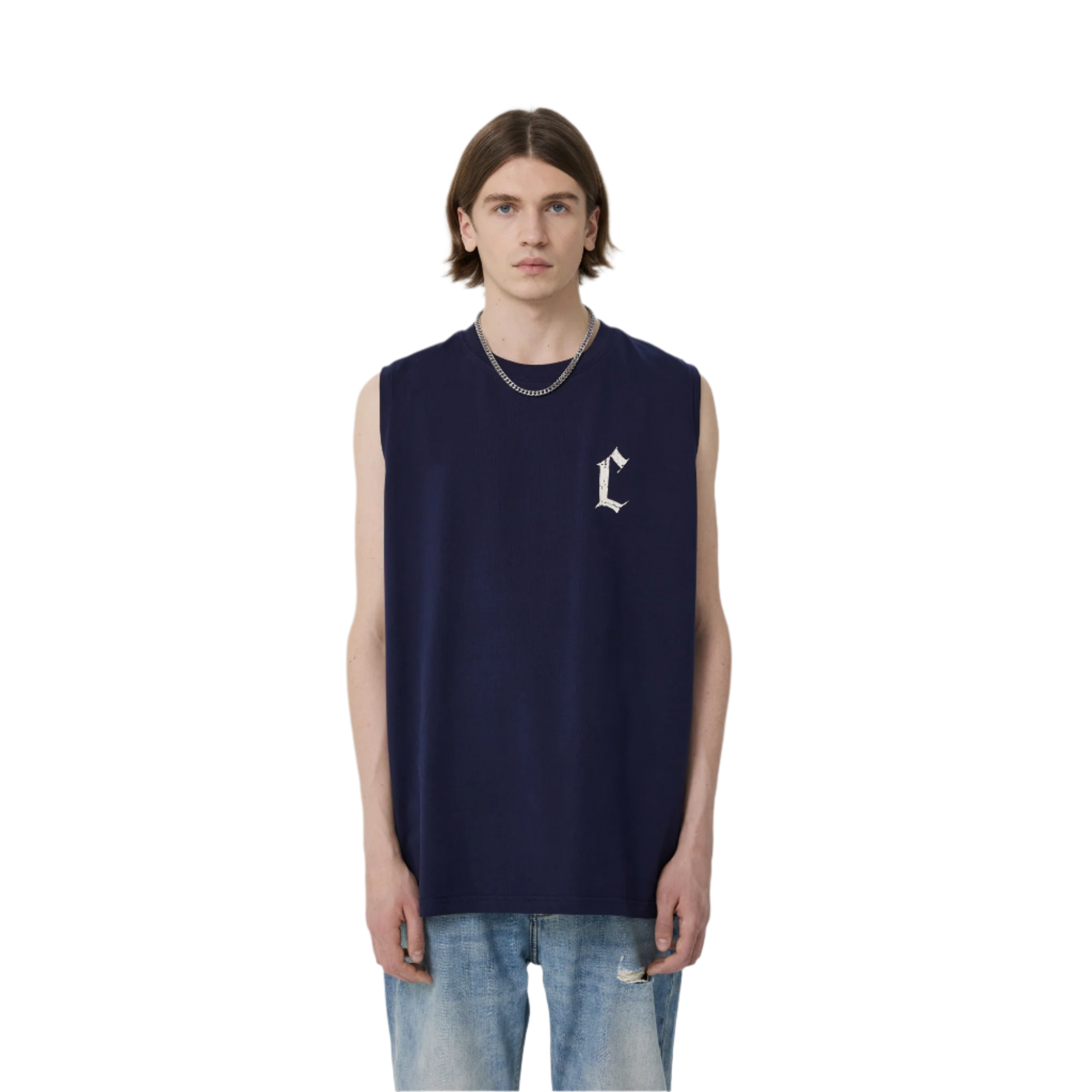 Navy Blue Distressed C-print Casual Sports Vest