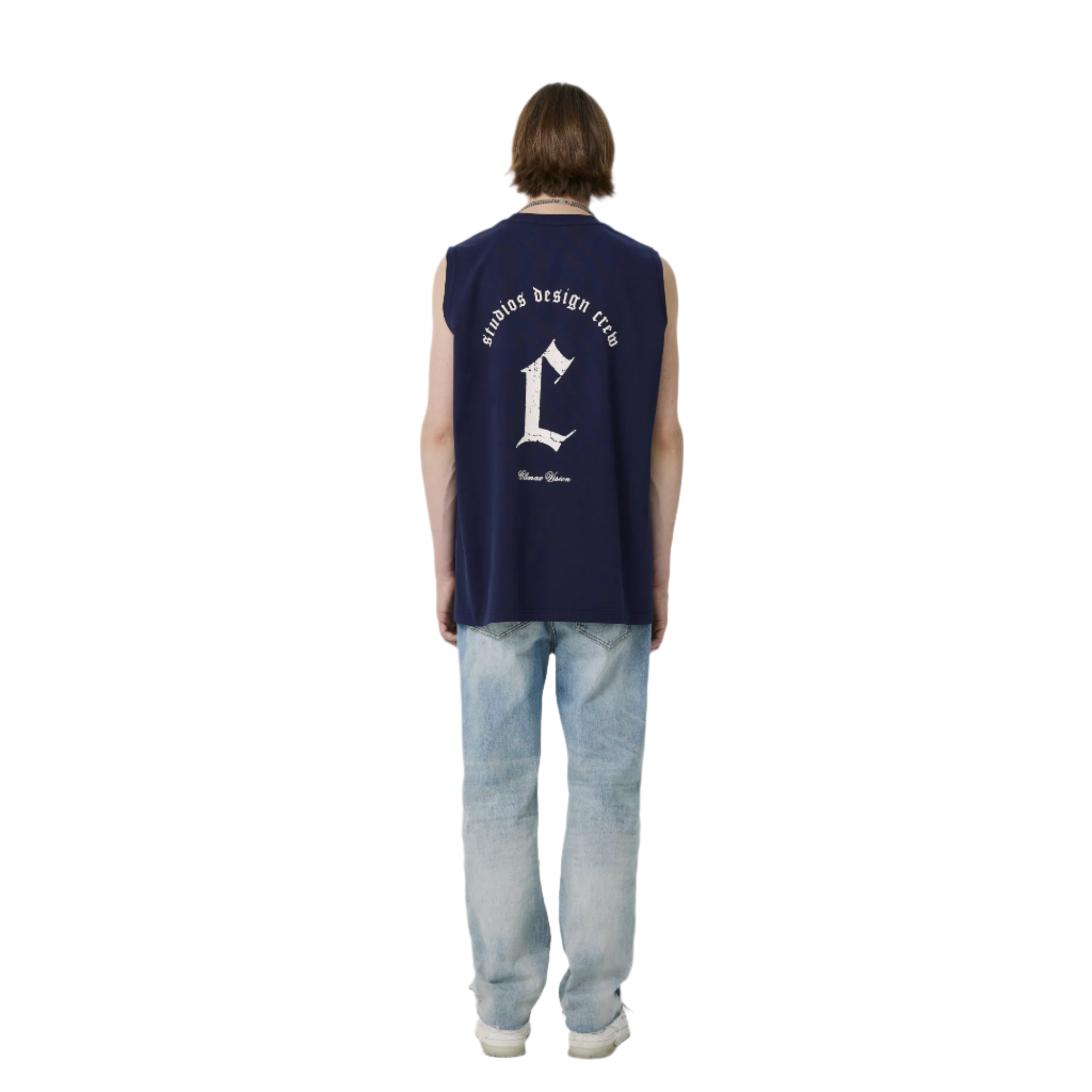 Navy Blue Distressed C-print Casual Sports Vest