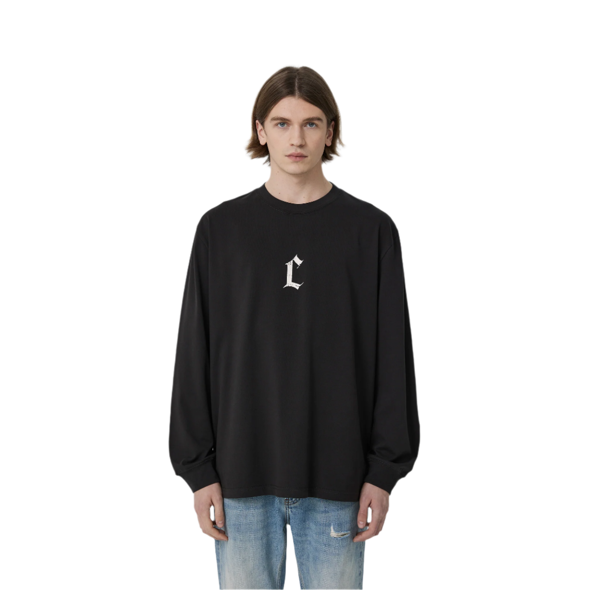 Carbon Black Distressed Old printed C Letter Long Sleeves