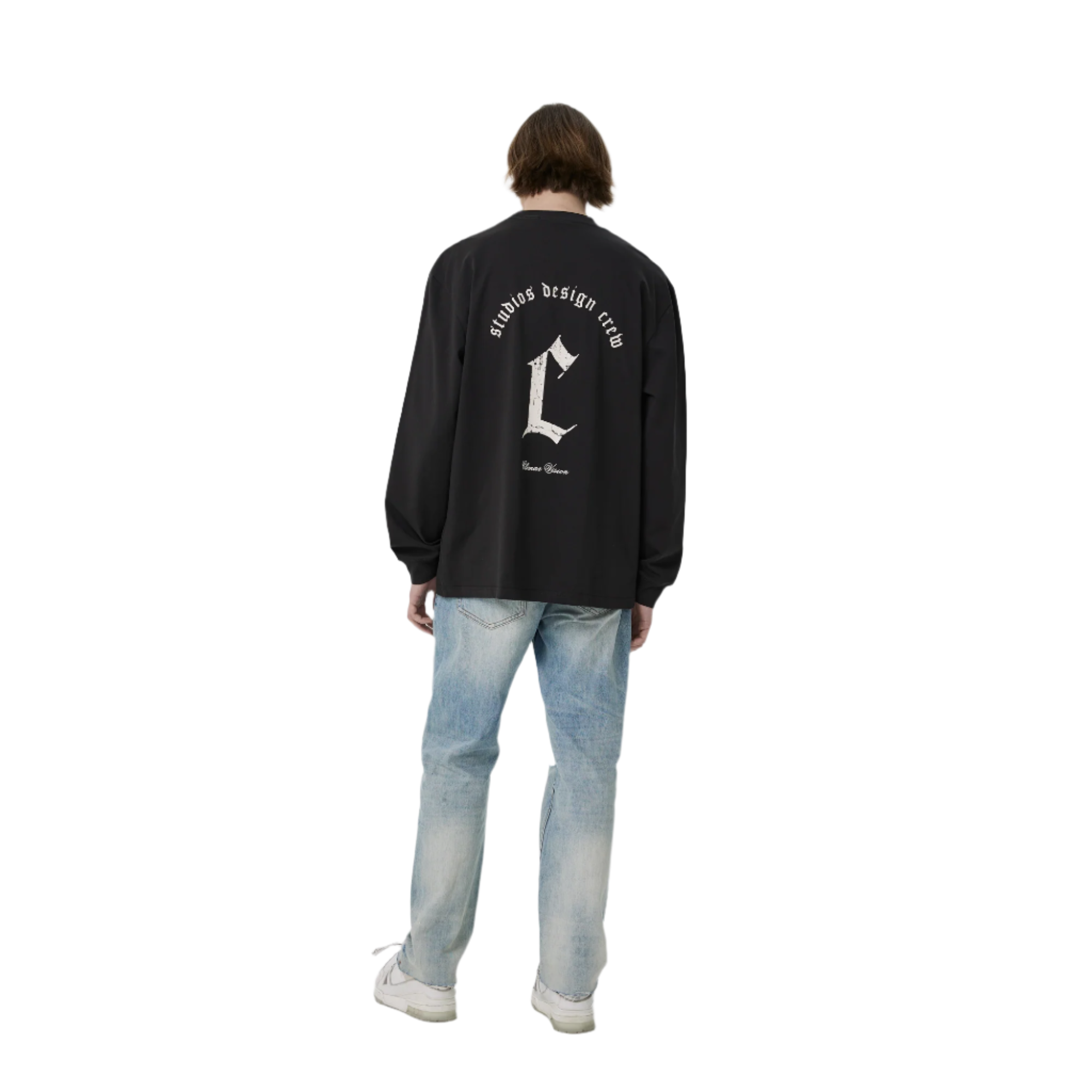 Carbon Black Distressed Old printed C Letter Long Sleeves