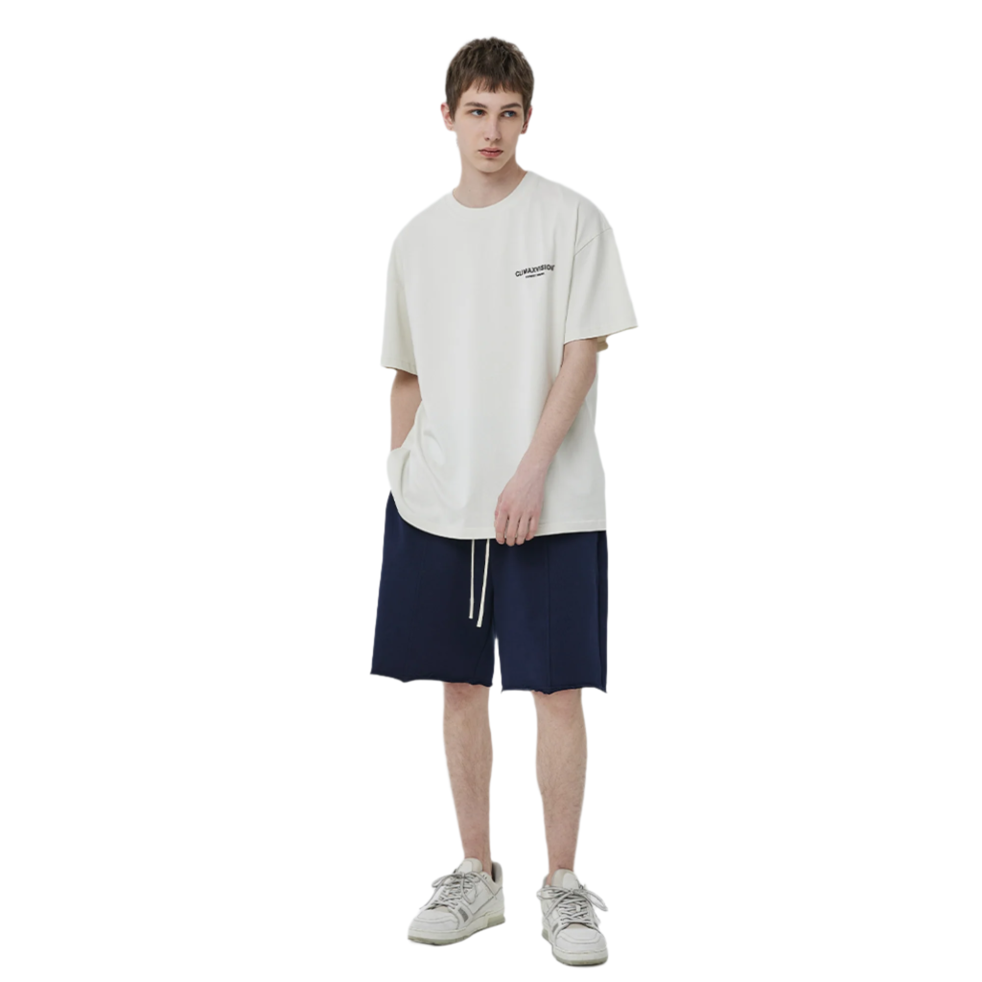 Navy Blue Center Seam Patchwork Frayed Shorts